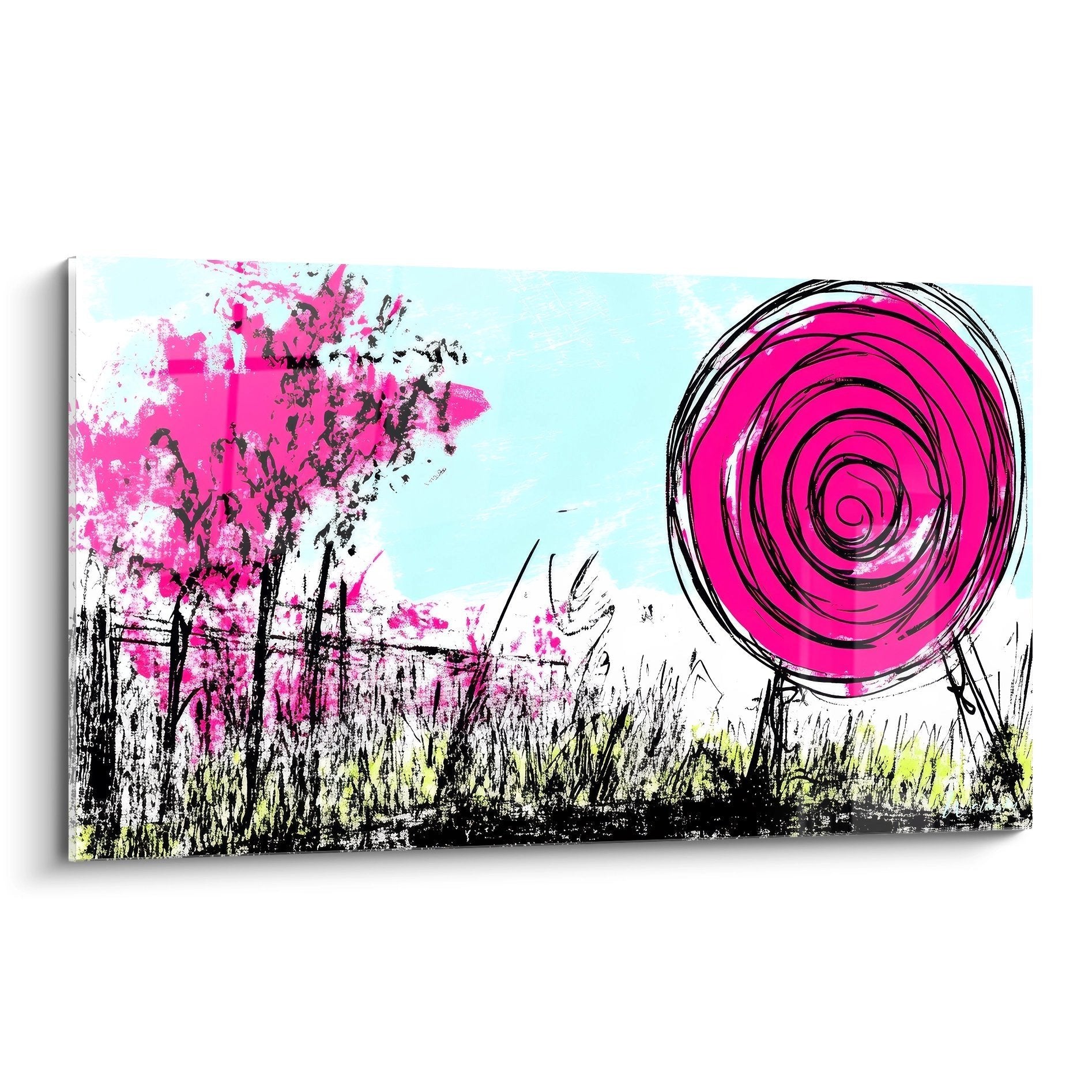 Wandbild abstrakte Blumenwiese mit rosa Spiralsonne und türkisem Himmel in expressivem Zeichenstil