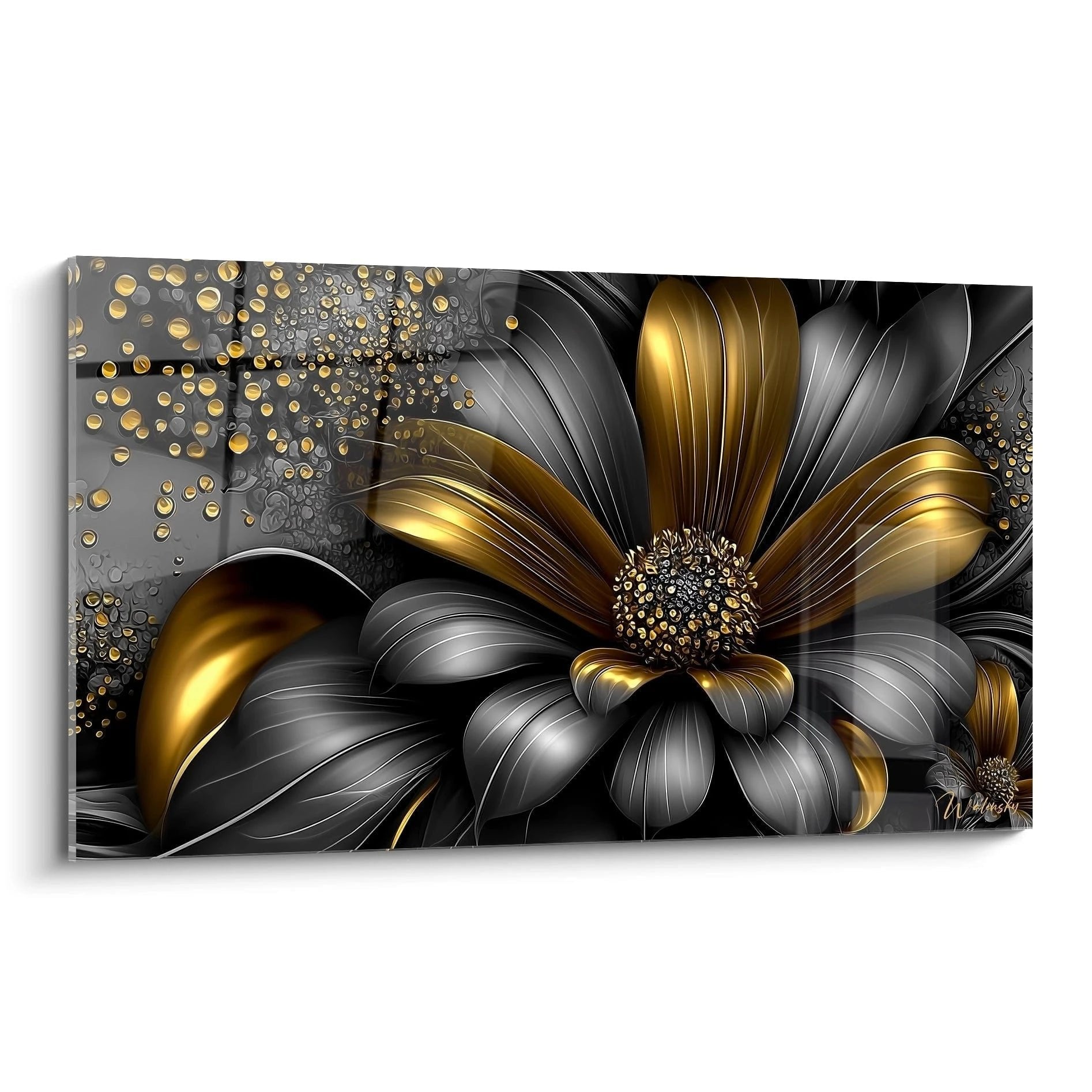 Luxuriöses Wandbild mit goldener Blüte auf schwarzem Grund mit schimmernden Partikeln