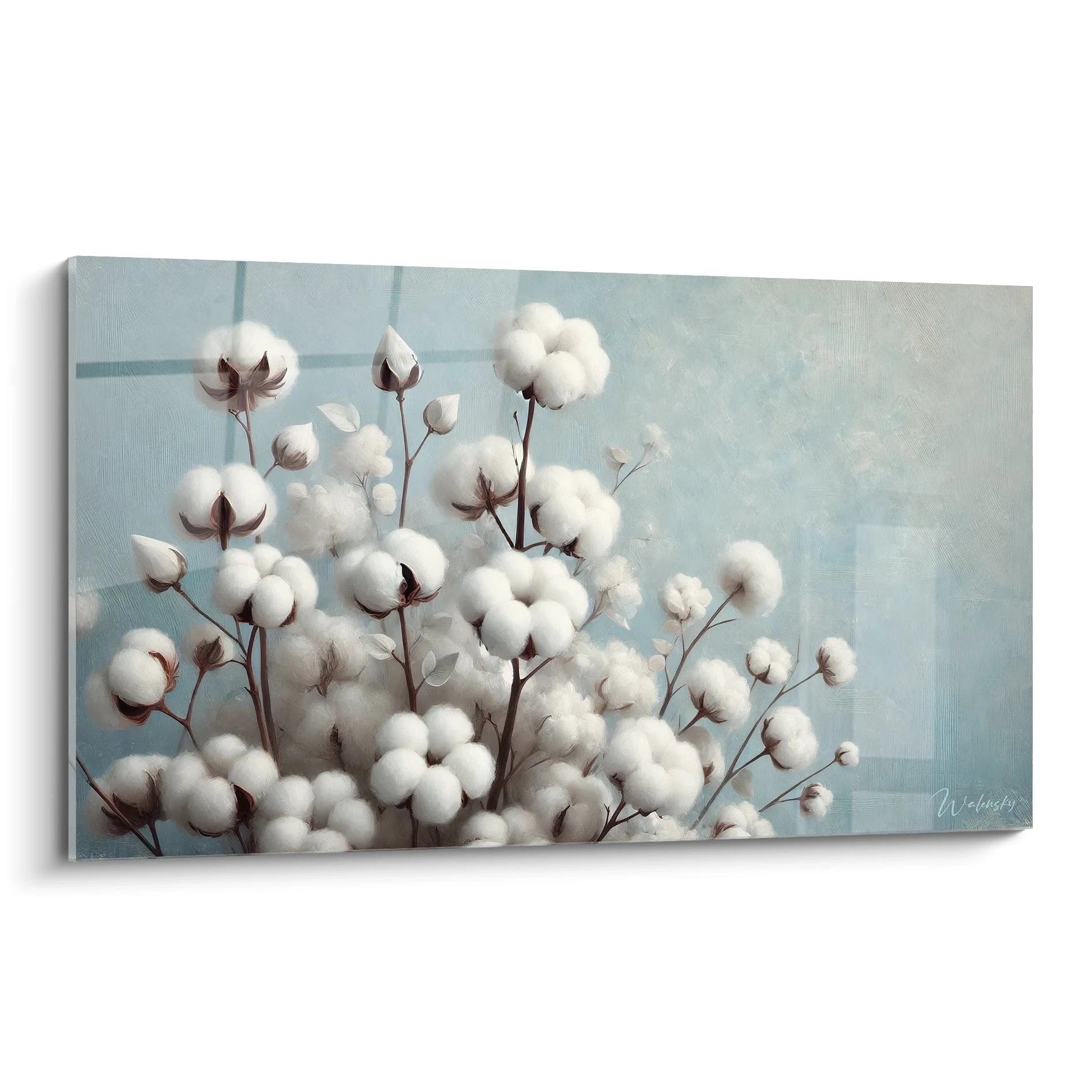 Wandbild mit weißen Baumwollzweigen auf pastellblauem Hintergrund - natürliche Dekoration für Wohnräume