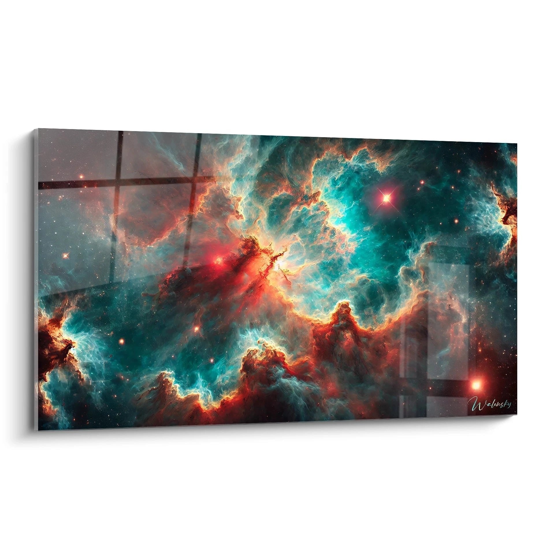 Wandbild kosmischer Nebel in tuerkis und rot mit leuchtenden Sternen fuer moderne Raumdekoration