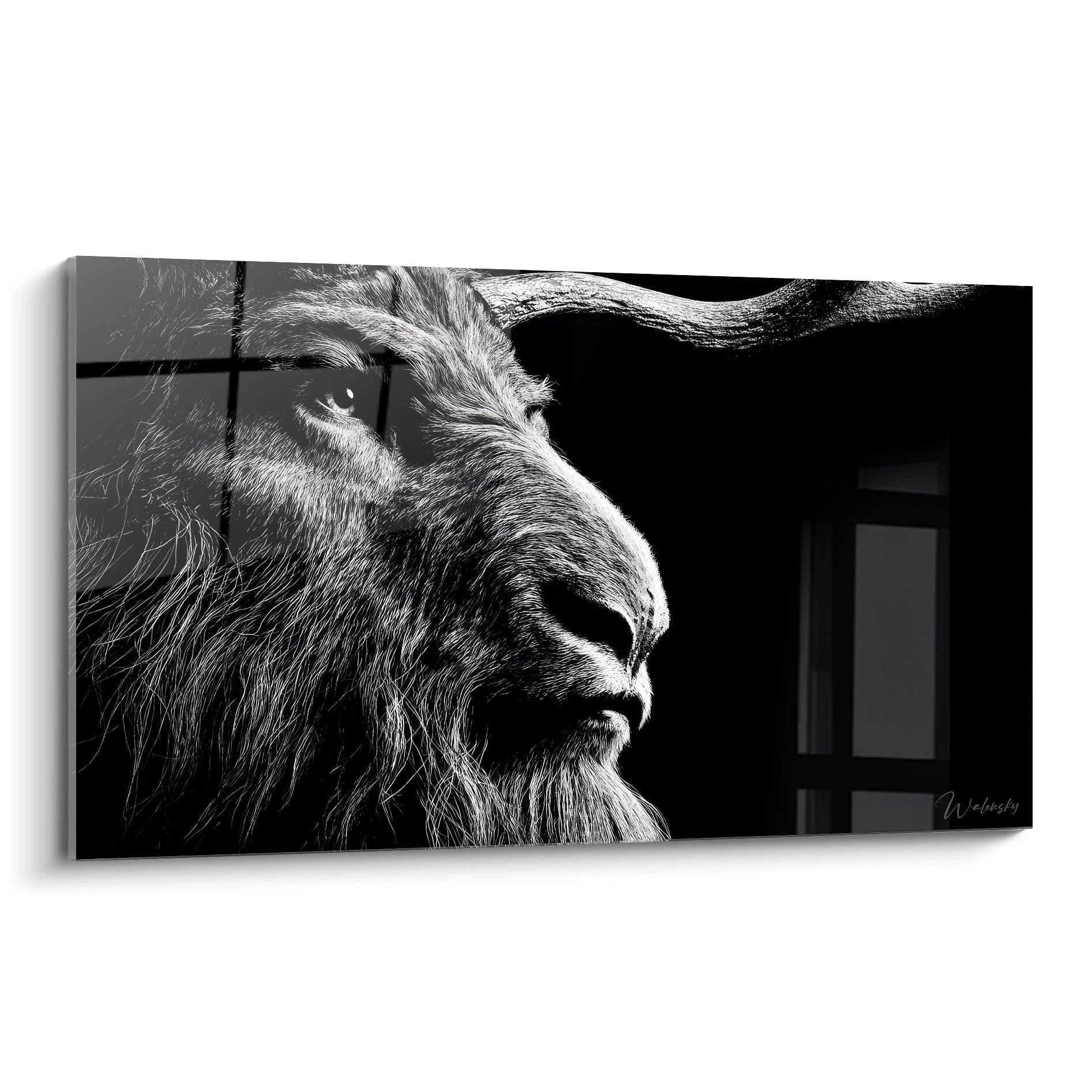 Schwarz-weiß Portrait eines majestätischen Ziegenbocks mit intensivem Blick, mystische Wanddekoration Edition Wendigo