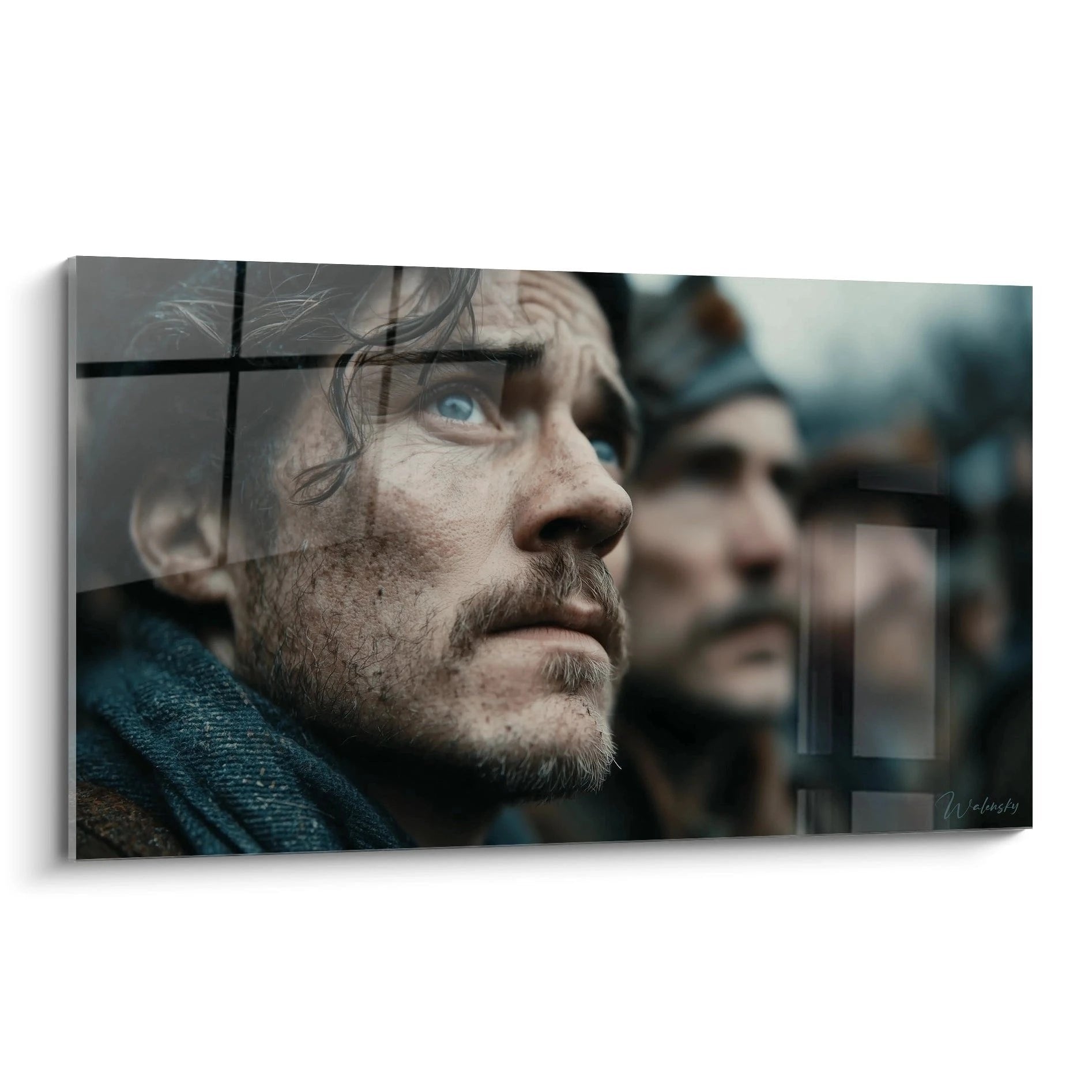 Wandbild gefangener Soldat hinter Gittern im Ersten Weltkrieg mit durchdringendem Blick