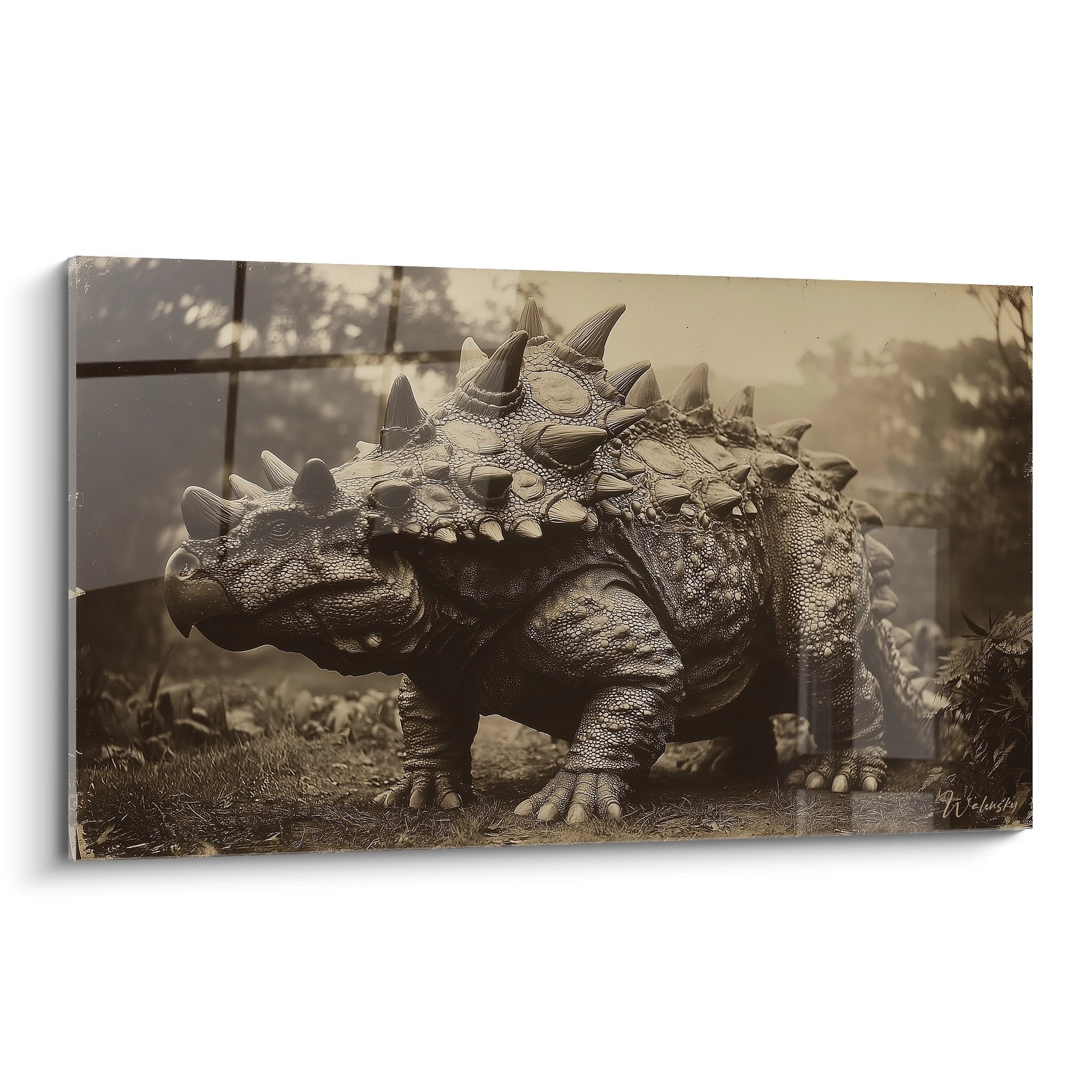 Wandbild mit Scutosaurus-Paar in Sepia-Tönen, gepanzerte Dinosaurier in natürlicher Umgebung