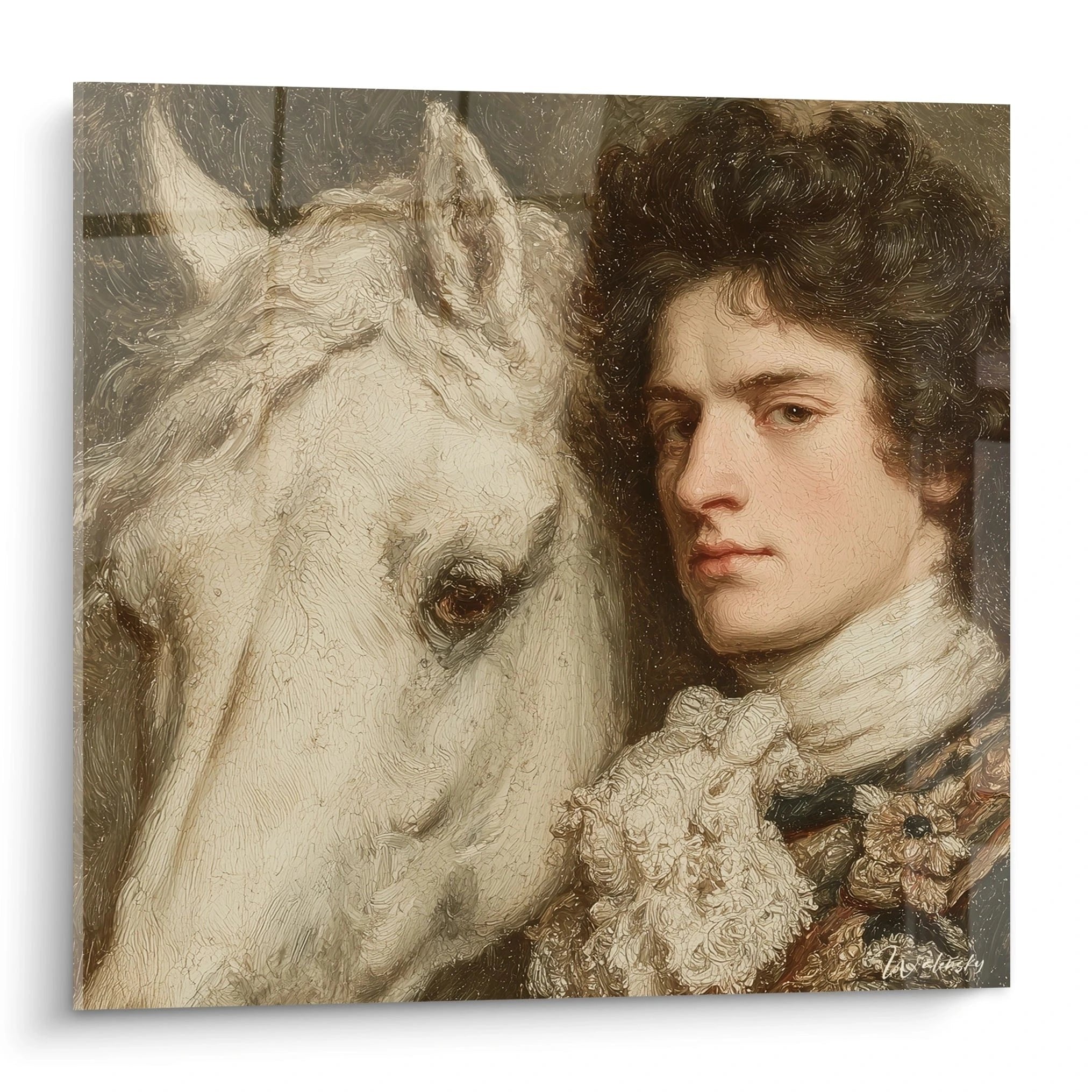 Wandbild aristokratisches Portrait eines Herren mit weißem Pferd im Stil des 18. Jahrhunderts