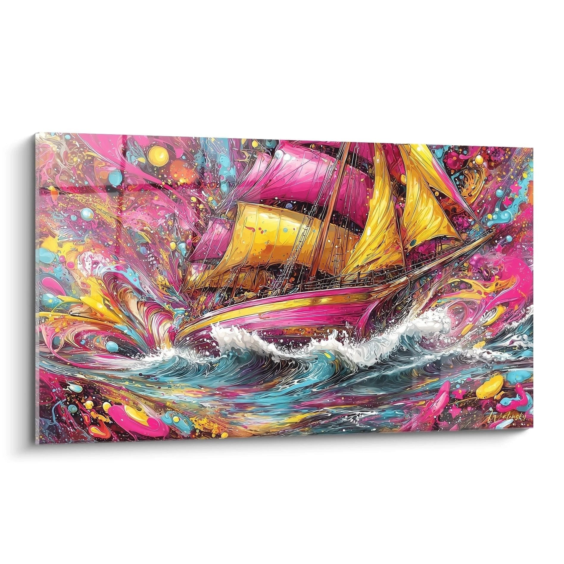 Buntes Wandbild mit Segelschiff in stürmischer See, explosive Farben in Pink Gold und Türkis, maritime Kunstdekoration
