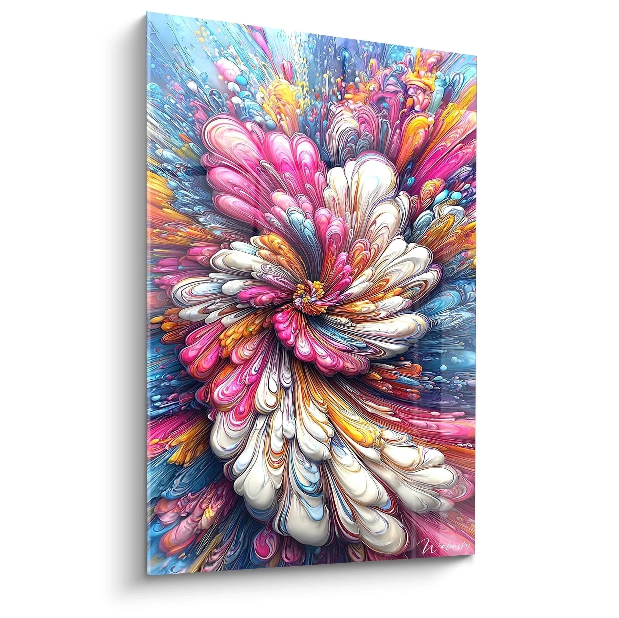 Wandbild abstrakte Blüte mit explosiven Farbverläufen in Rosa, Weiß und Blau - Edition Farbexplosion