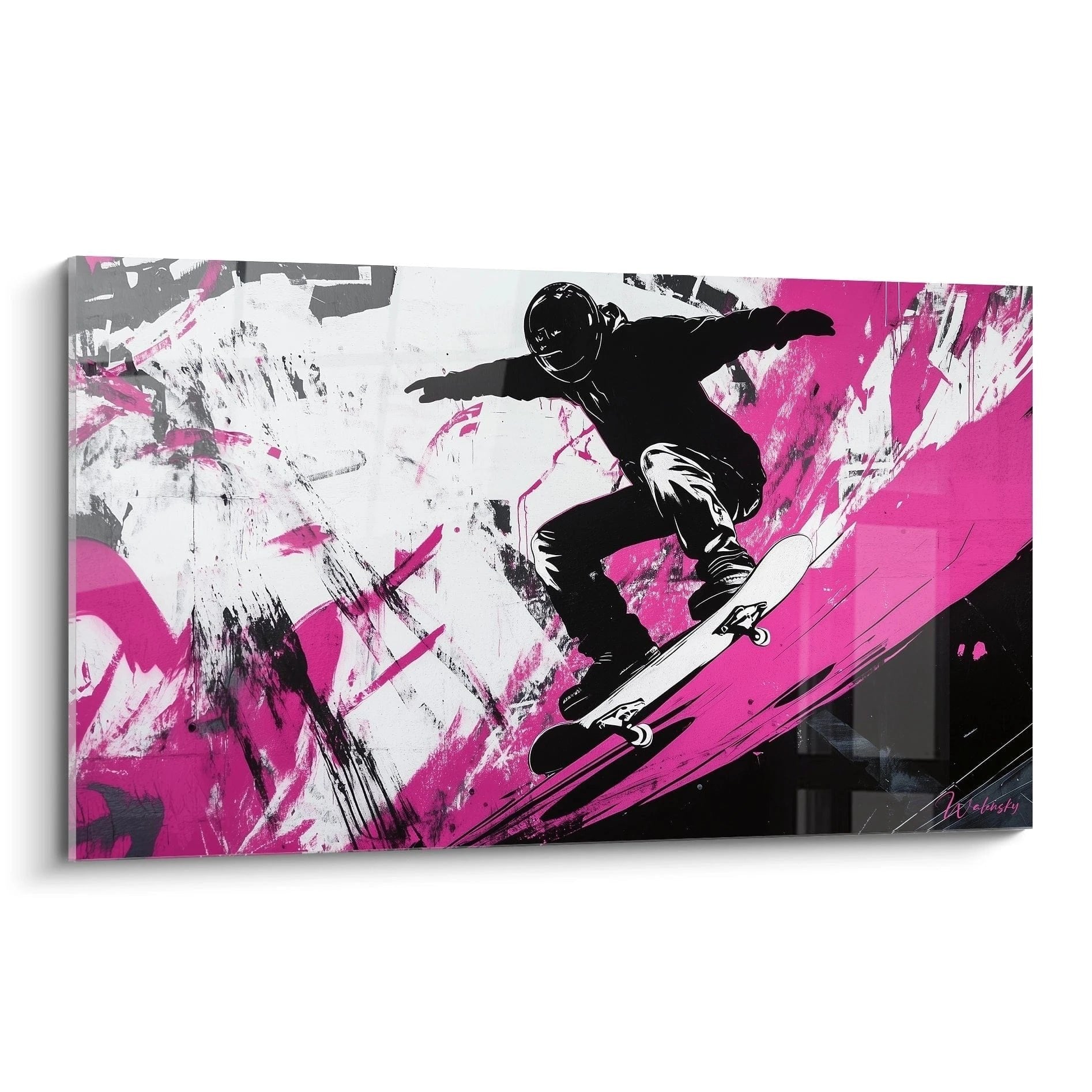 Street Art Wandbild mit schwarzer Skateboarder Silhouette vor pink-weißem expressivem Hintergrund