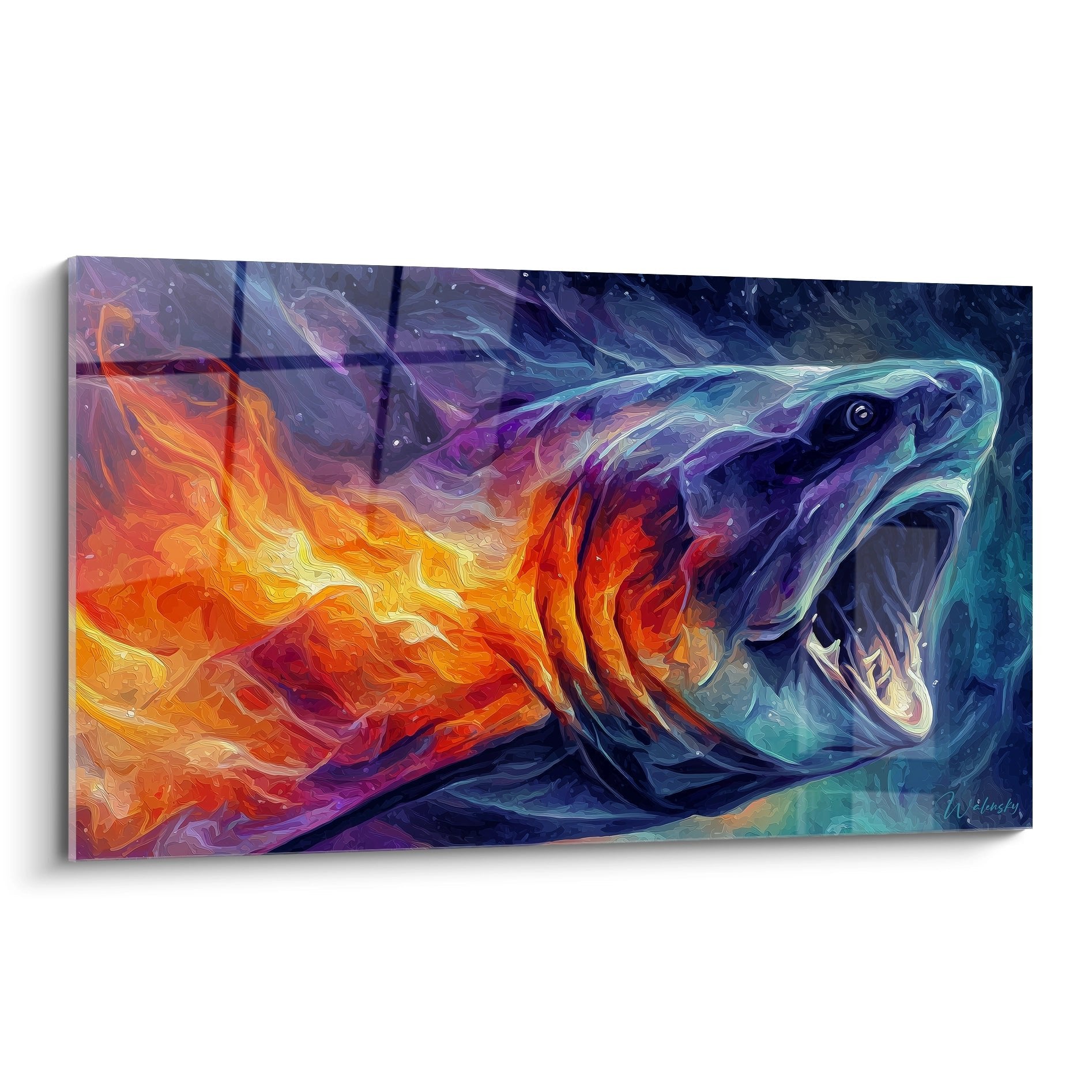Dunkleosteus Urzeit-Raubfisch Wandbild mit feurigen Farben und dramatischer Darstellung des prähistorischen Meeresräubers