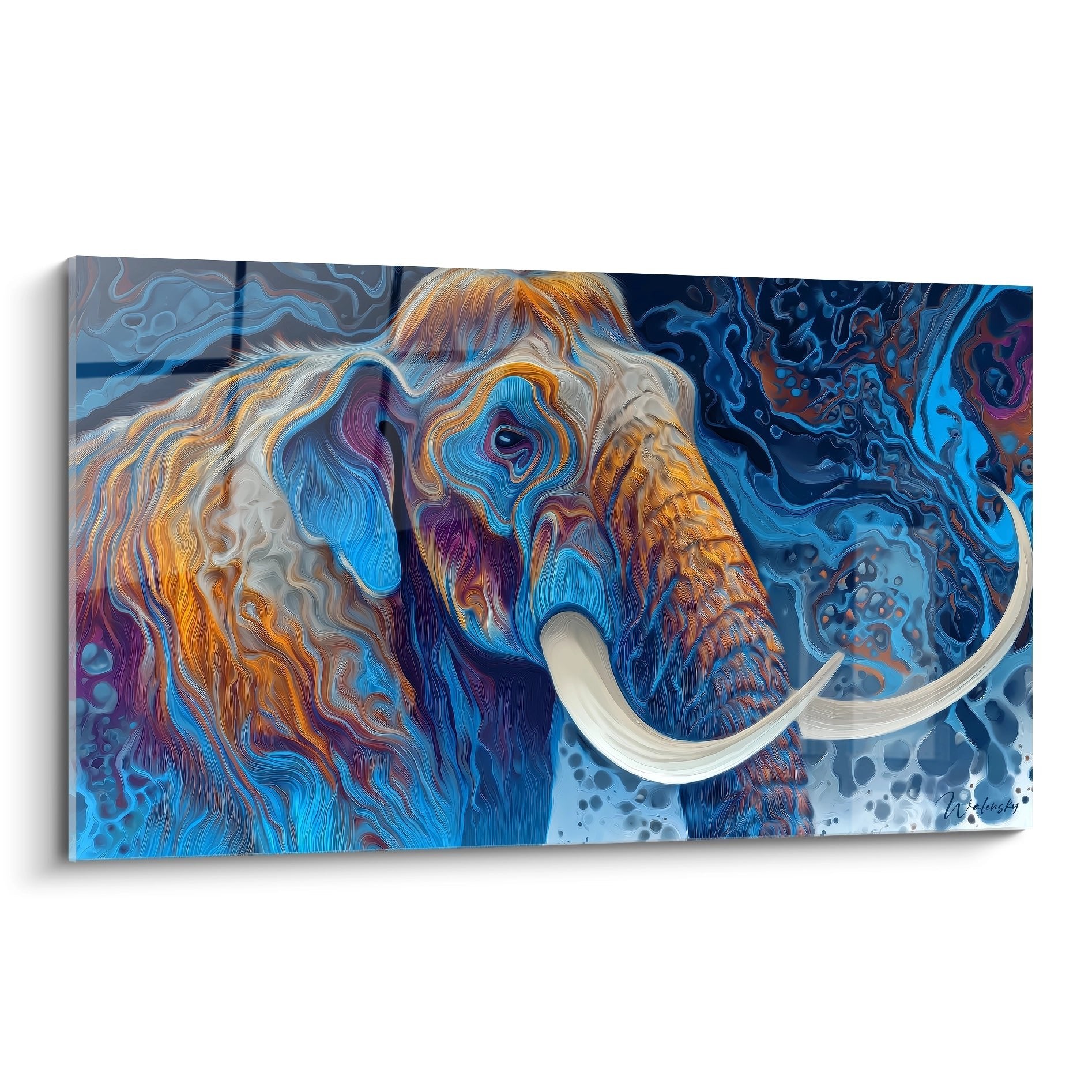 Wollmammut Wandbild in spektakulärer Flüssigkunst mit blauen und orangen Farbverläufen auf Leinwand