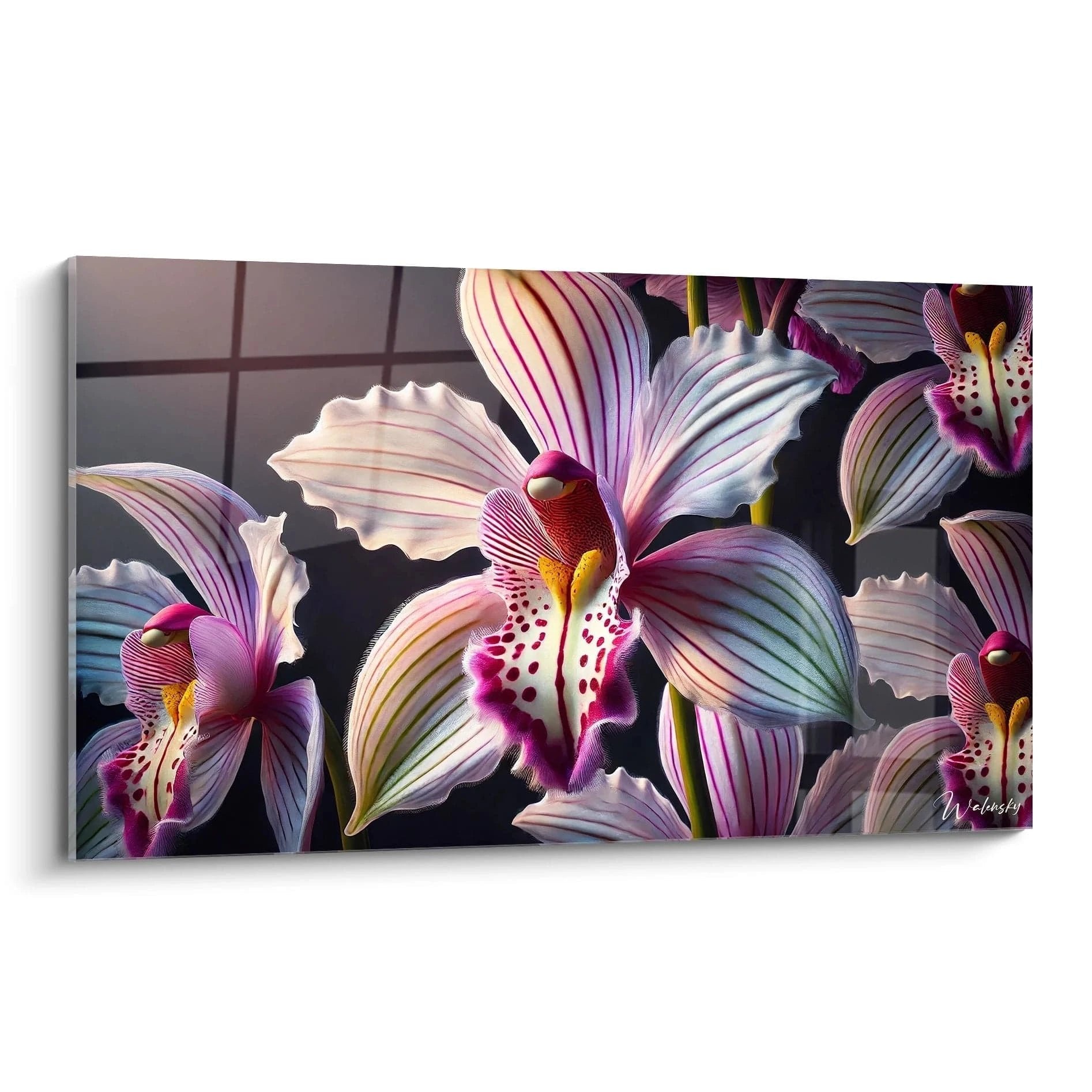 Wandbild mit eleganten Orchideen in Rosa und Purpur auf dunklem Hintergrund - Edition Blumen