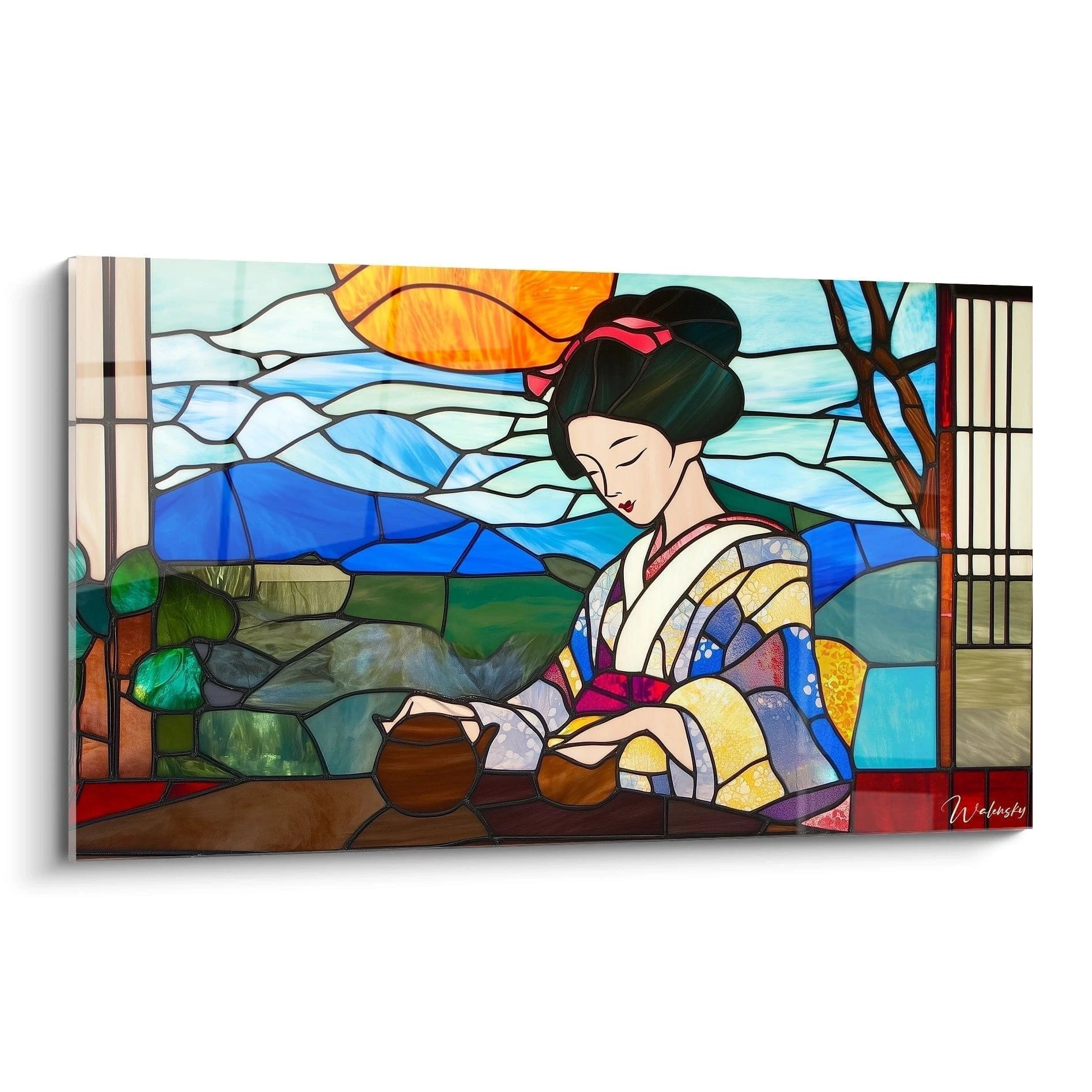 Glasmalerei Wandbild japanische Geisha bei traditioneller Teezeremonie mit buntem Kimono und Landschaftshintergrund