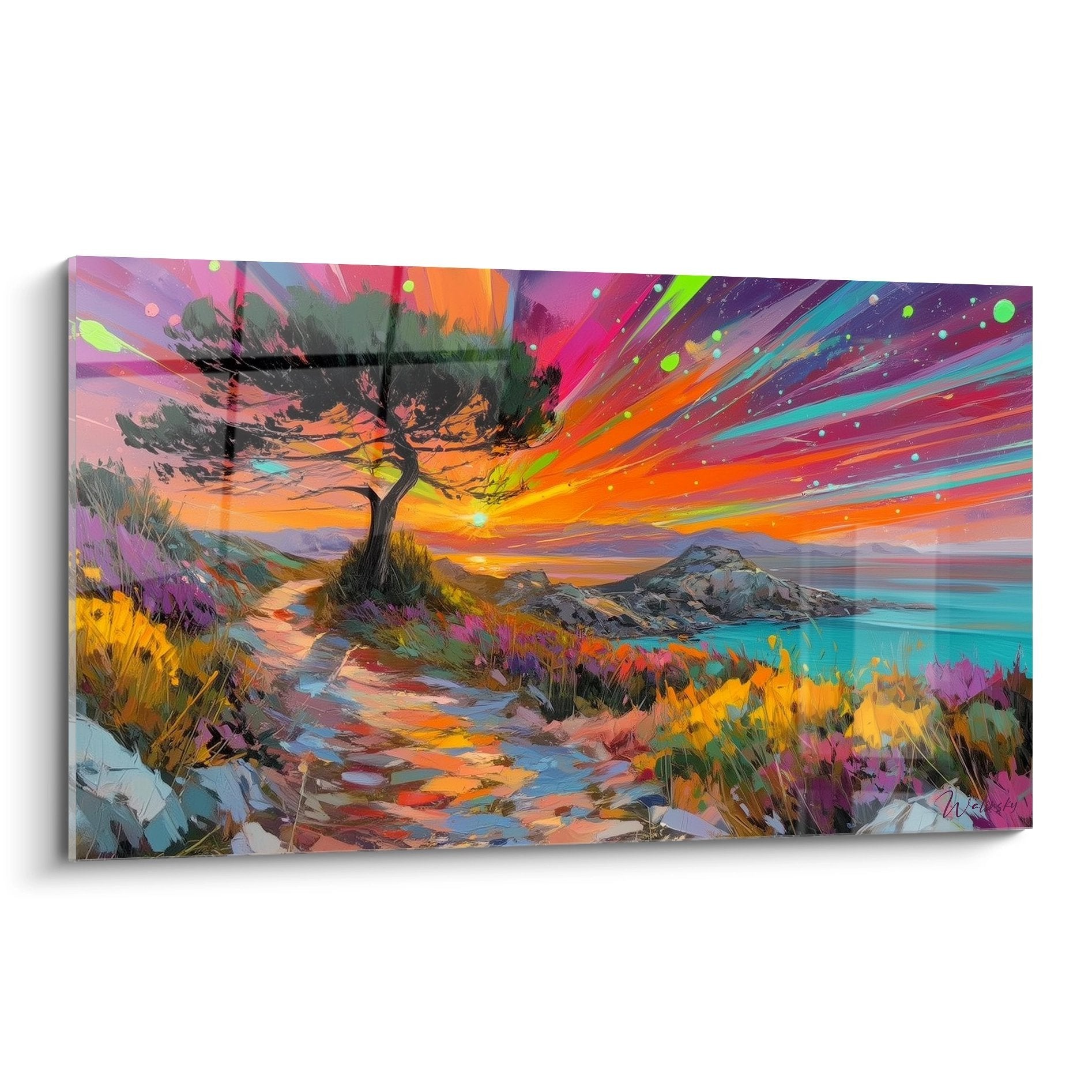 Wandbild fantastische Küstenlandschaft mit Baum und buntem Sonnenuntergang über türkisblauem Meer