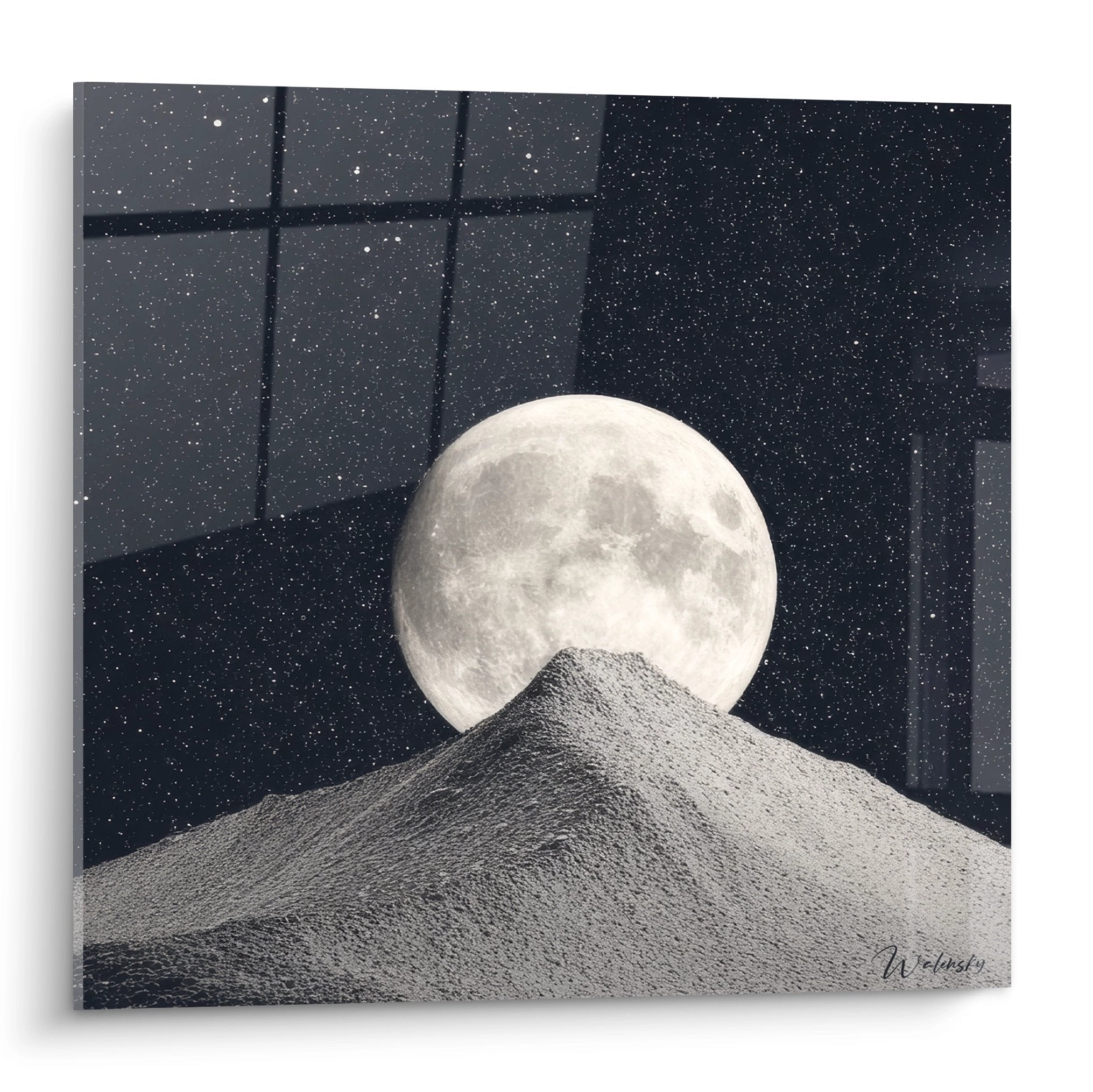 Wandbild mit Vollmond hinter Berg vor sternenklarem Nachthimmel in blau-grauen Farbtönen