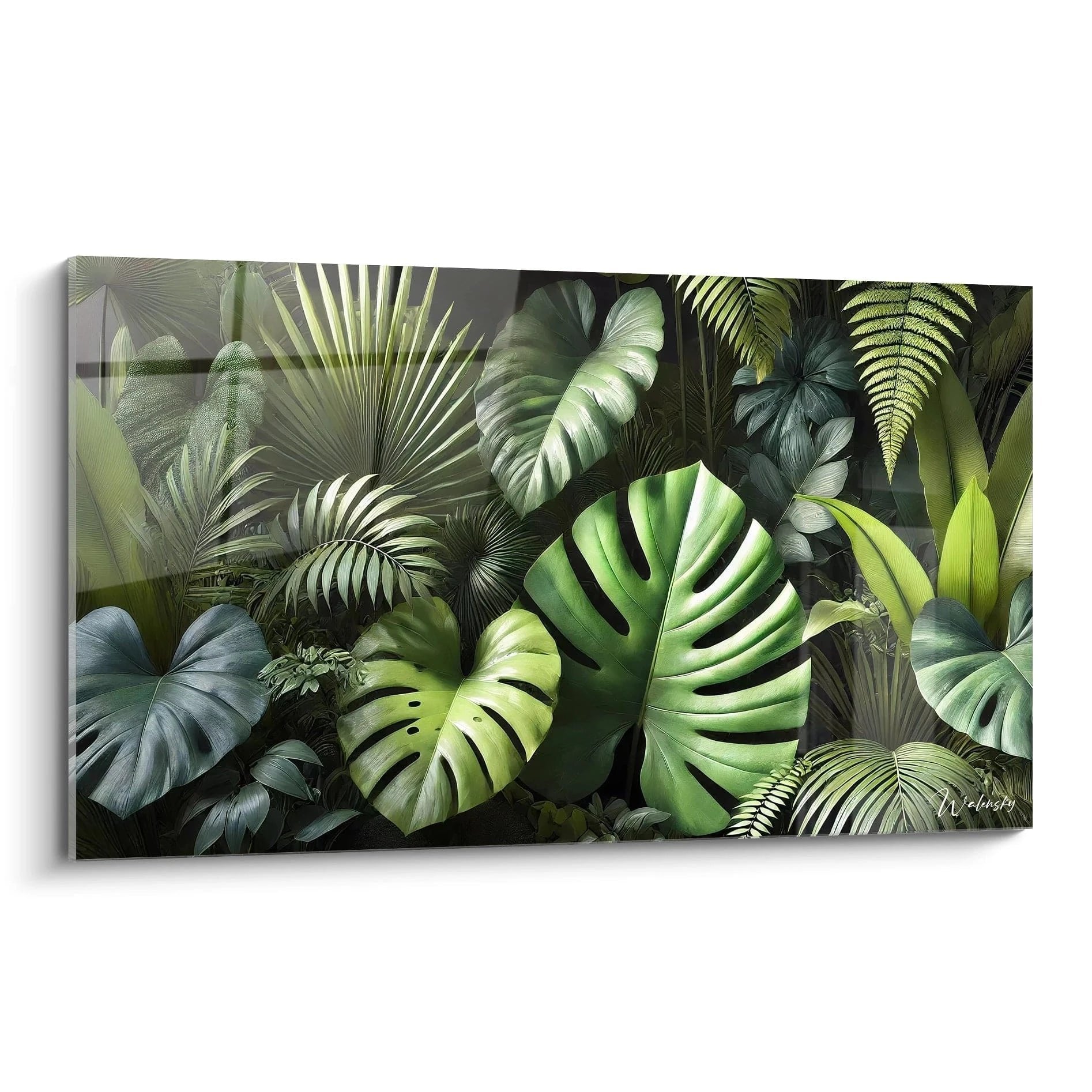 Wandbild mit tropischen Blättern und Monstera in verschiedenen Grüntönen für moderne Dschungel-Dekoration