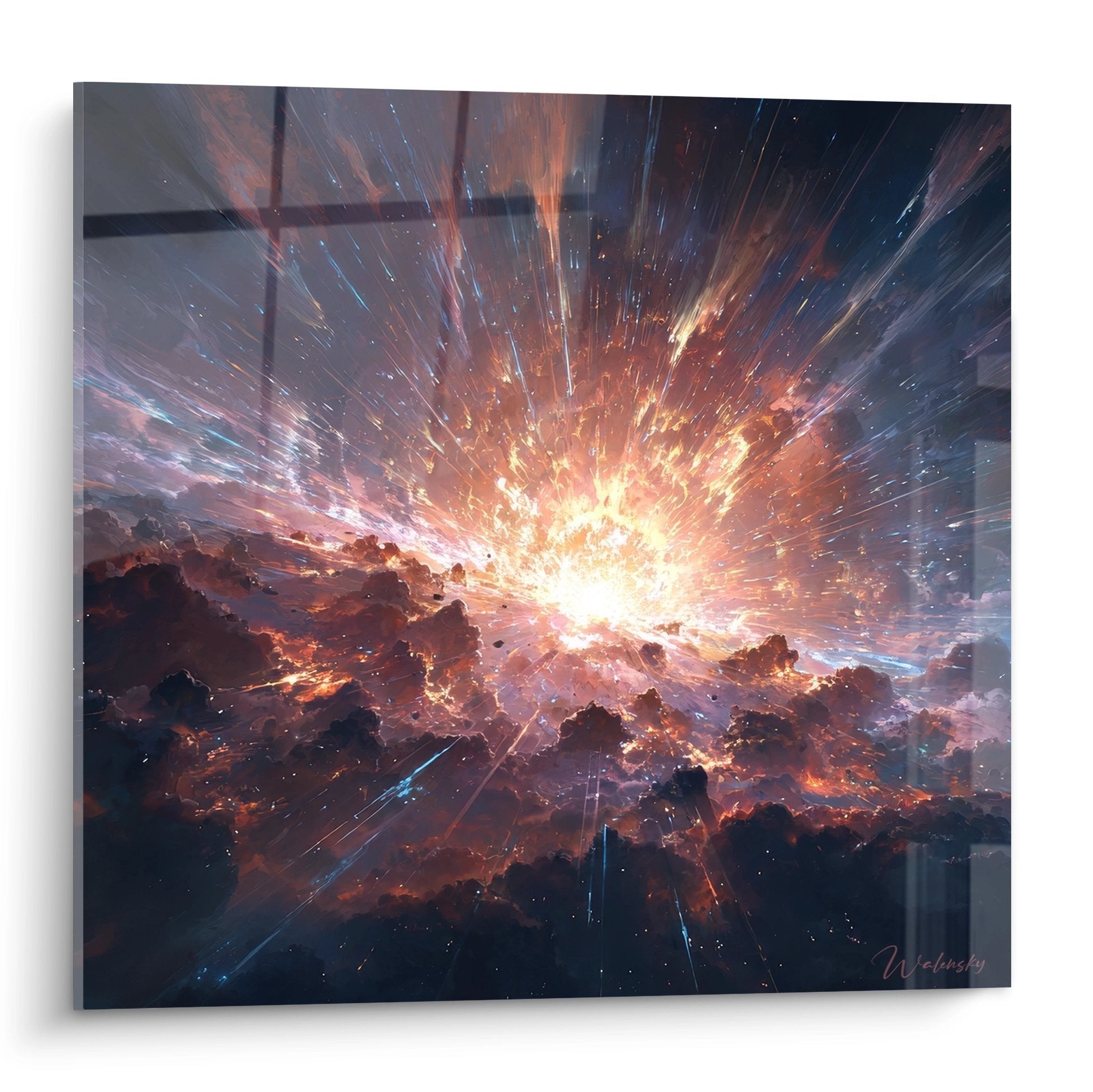 Wandbild kosmische Explosion mit leuchtenden Nebeln und Lichtstrahlen im Weltraum