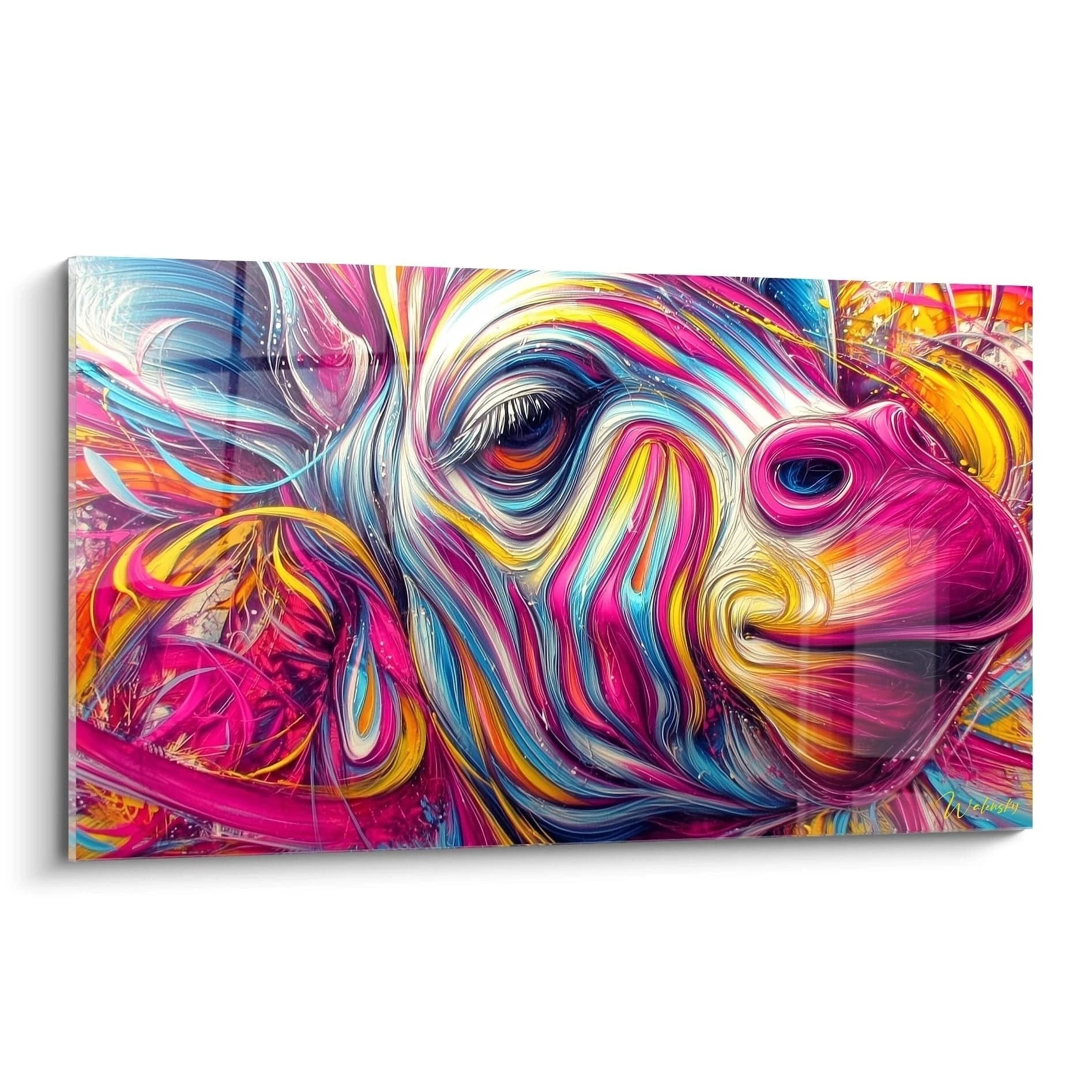 Abstraktes Wandbild mit bunten Spiralen und Wirbeln in Pink, Blau und Orange - psychedelische moderne Kunst