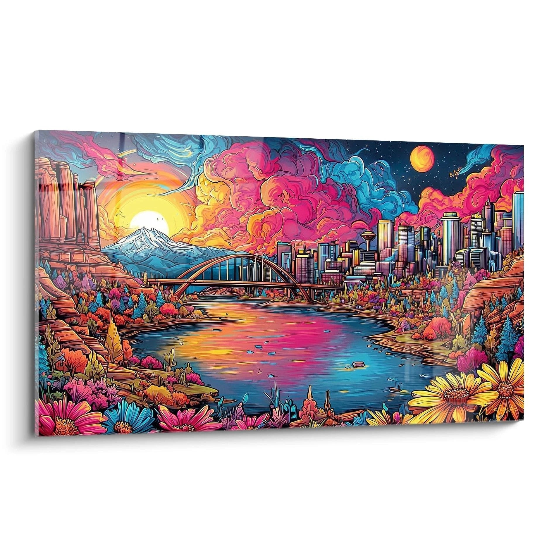 Wandbild fantastische Stadtlandschaft mit Brücke, rosa Wolken und Blumenwiese in leuchtenden Farben