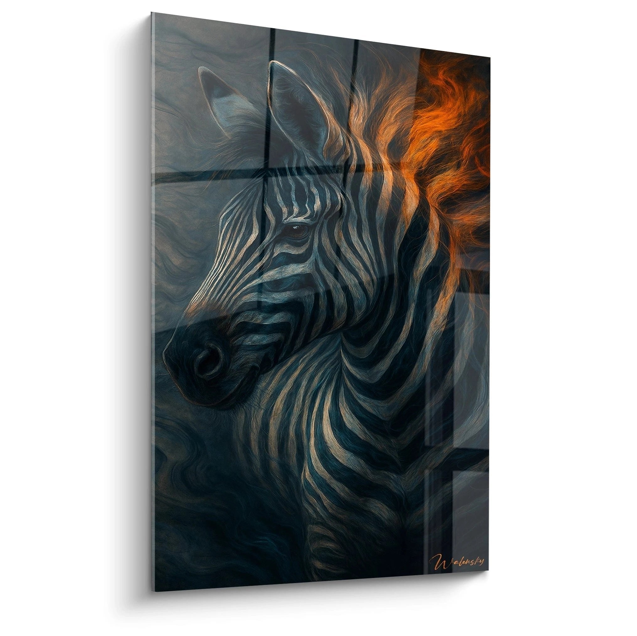 Zebra Wandbild in Fluid Art Technik mit wirbelnden orangenen Flammen auf blaugrauem Hintergrund