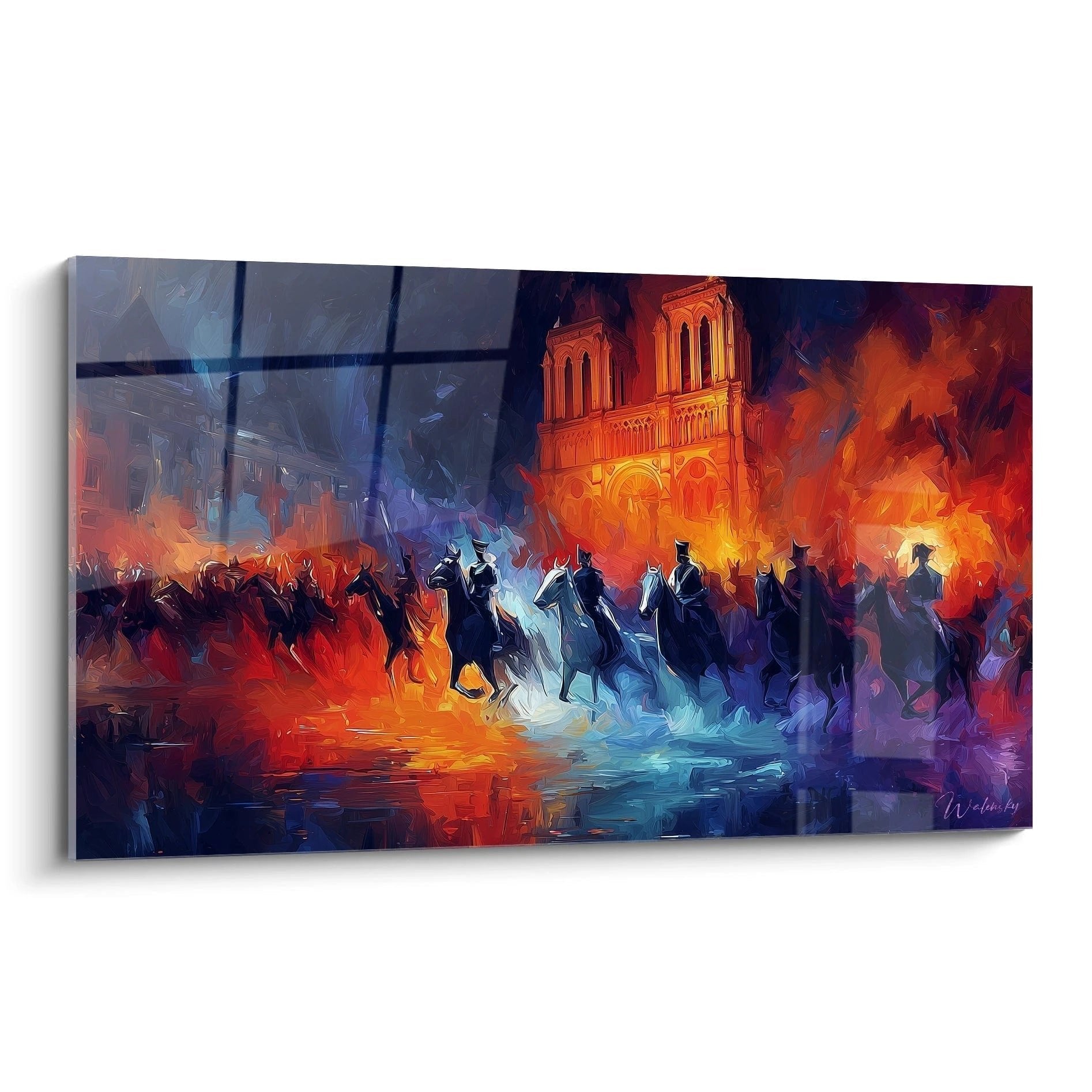 Wandbild Notre-Dame Kathedrale in dramatischen Flammen mit Reitern im expressionistischen Malstil