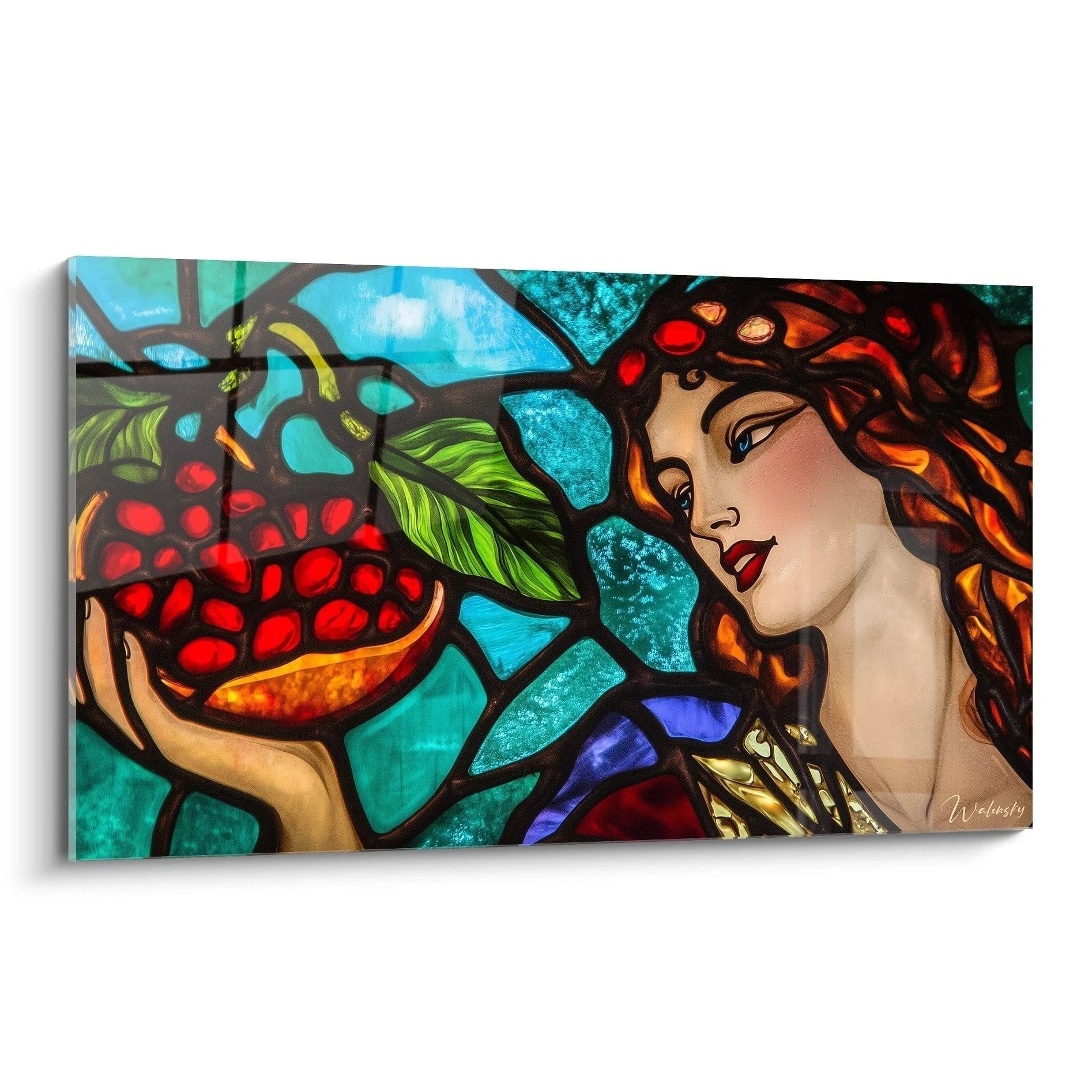 Wandbild Frau mit Granatapfel in leuchtender Glasmalerei-Optik mit türkisblauen und roten Farbakzenten