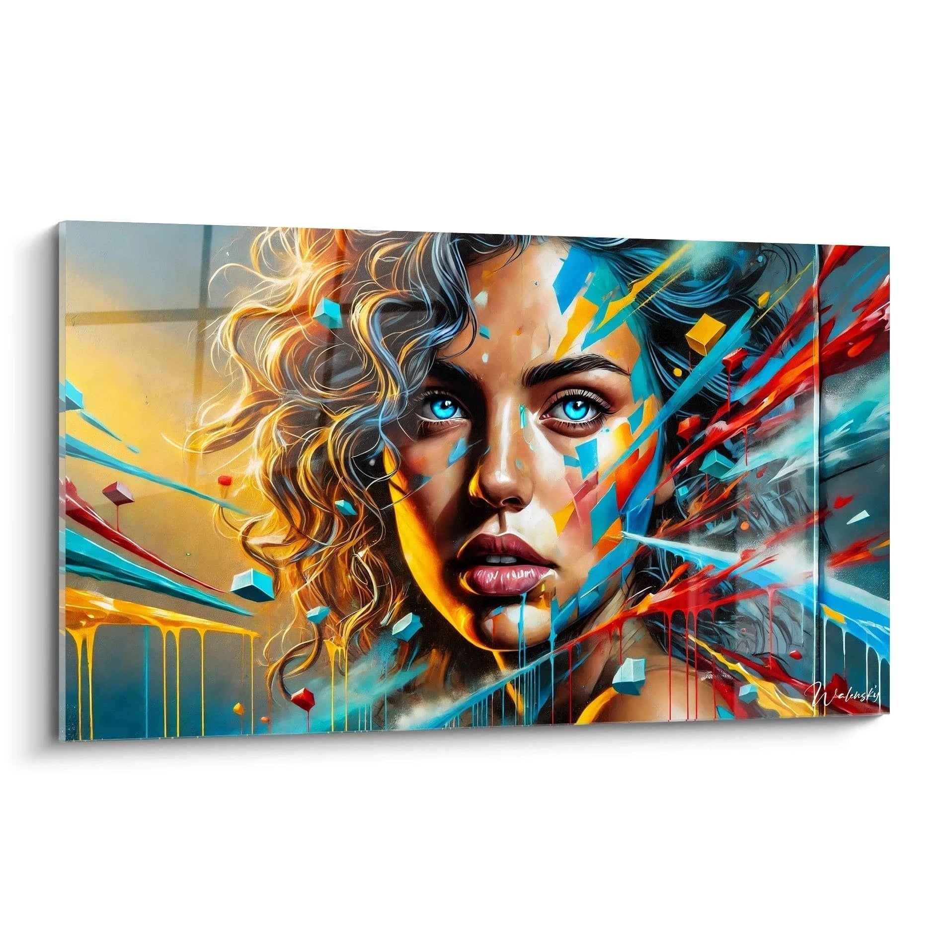 Wandbild Graffiti-Stil Frauenporträt mit bunten Farbspritzern und dynamischen Linien in Rot Blau Orange