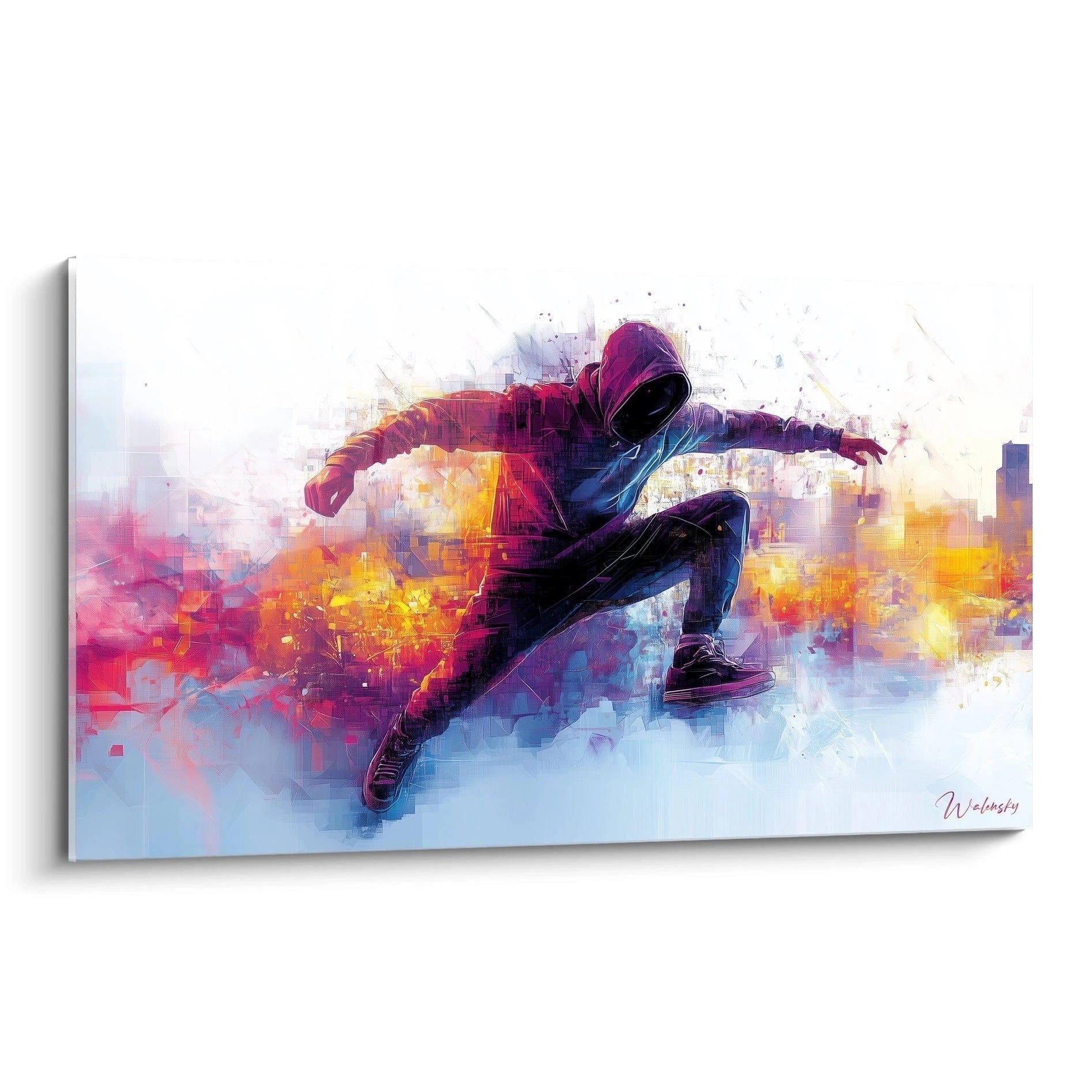 Wandbild Parkour Athlet in dynamischer Sprungbewegung mit violetten und orangen Farbverläufen im Street Art Stil