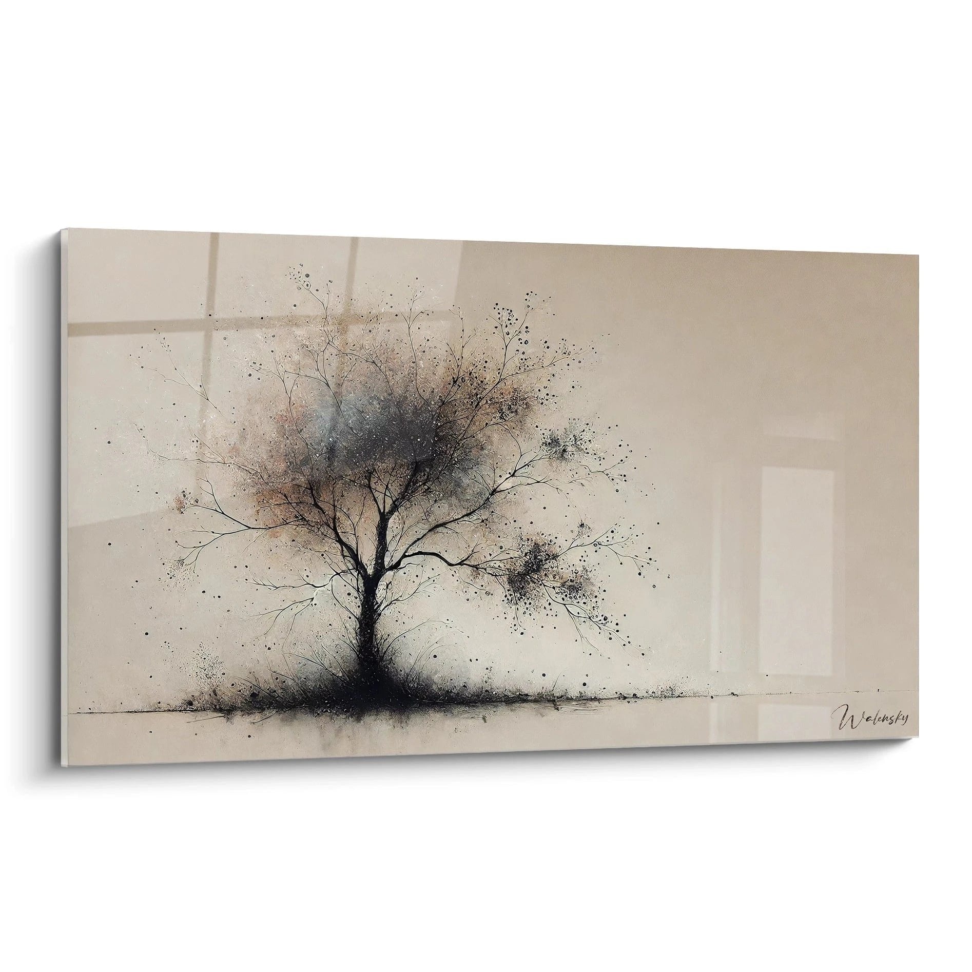 Wandbild Lebensbaum in schwarz-weiß mit abstrakten Elementen und poetischer Ausstrahlung auf beigem Hintergrund