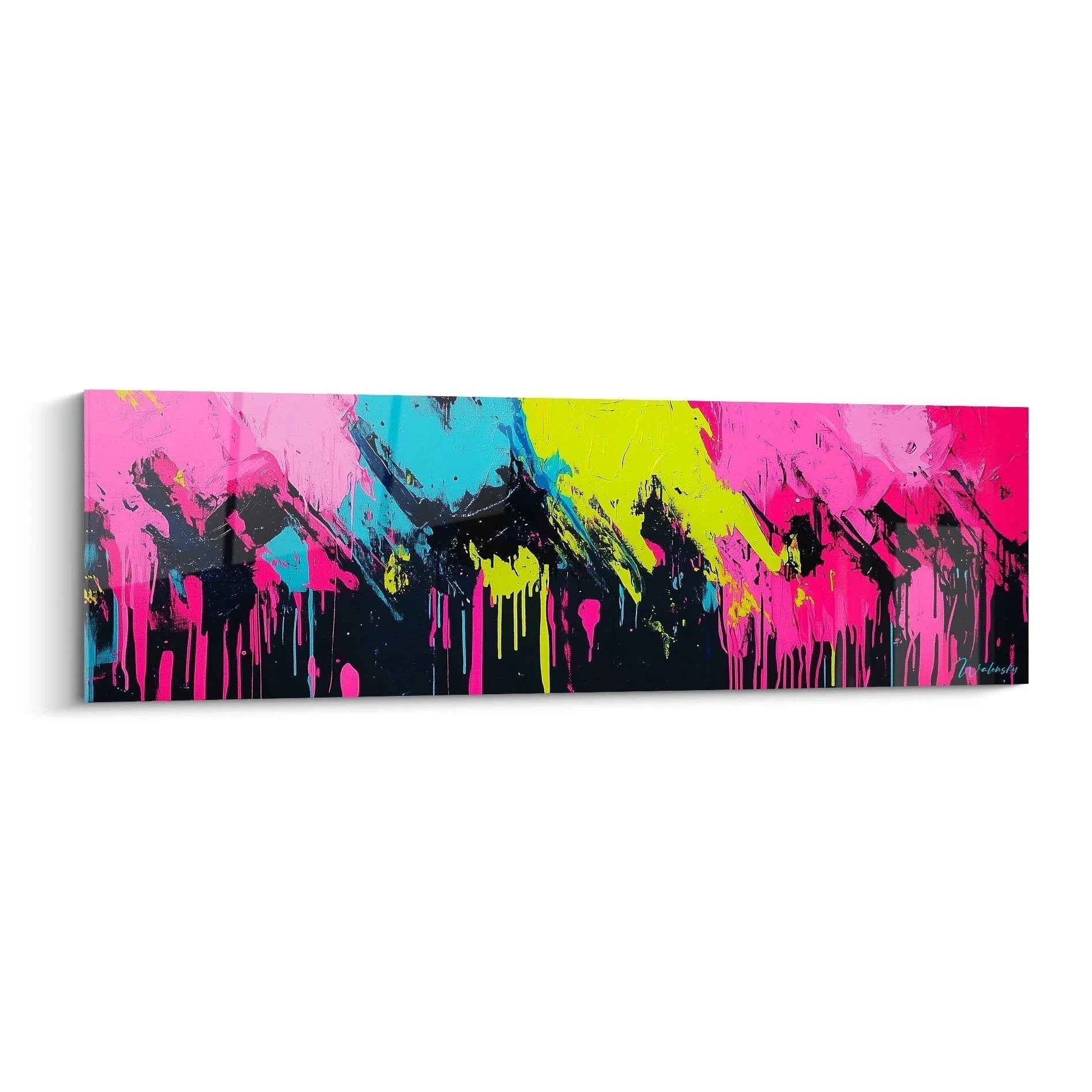 Wandbild abstrakte Farbexplosion in Pink Gelb Türkis Street Art Stil mit tropfenden Farben