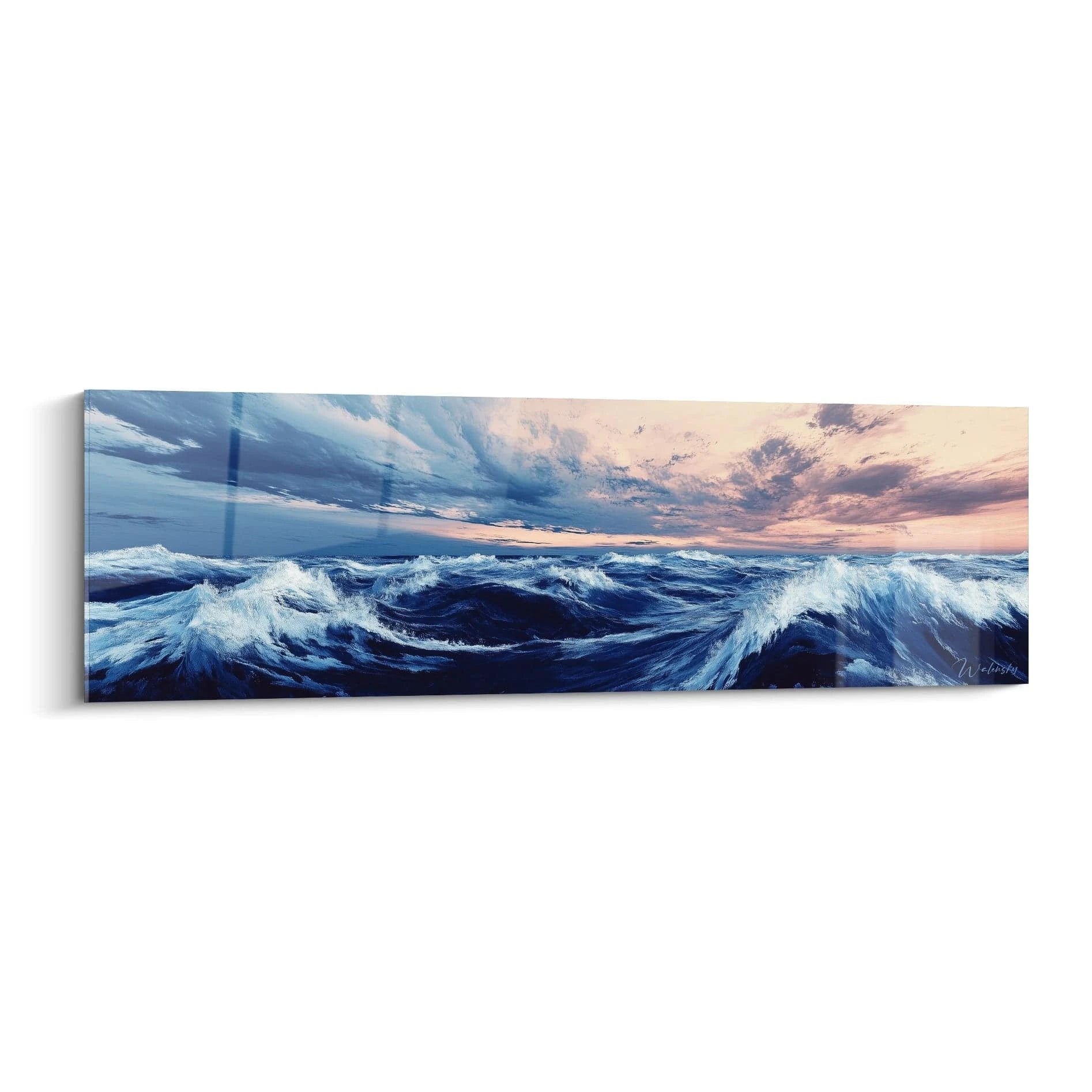 Dramatisches Wandbild mit stürmischen Meereswellen bei Sonnenuntergang in Blau- und Rosatönen