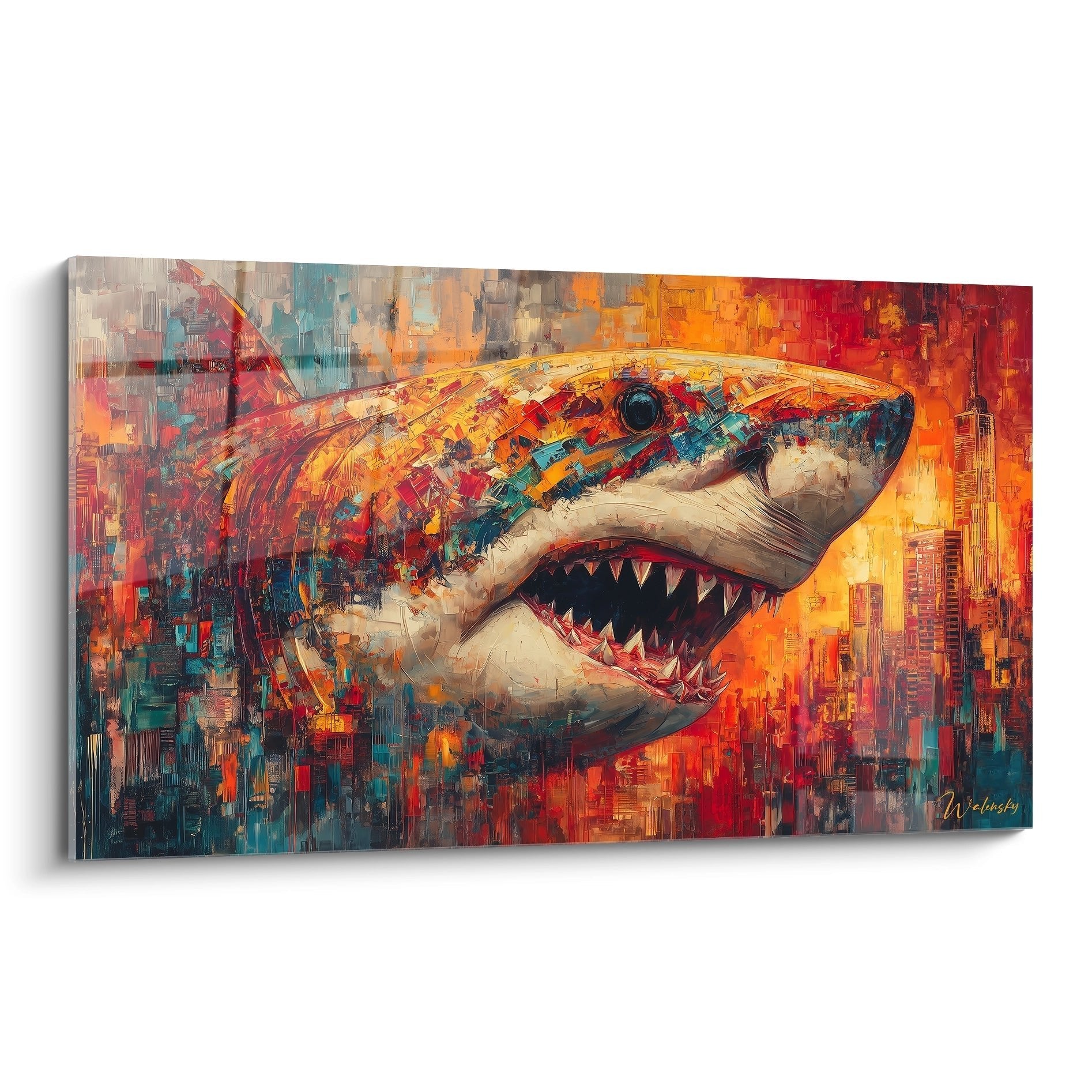 Abstraktes Wandbild Megalodon Urzeit-Hai in leuchtenden Orange- und Türkistönen auf Leinwand
