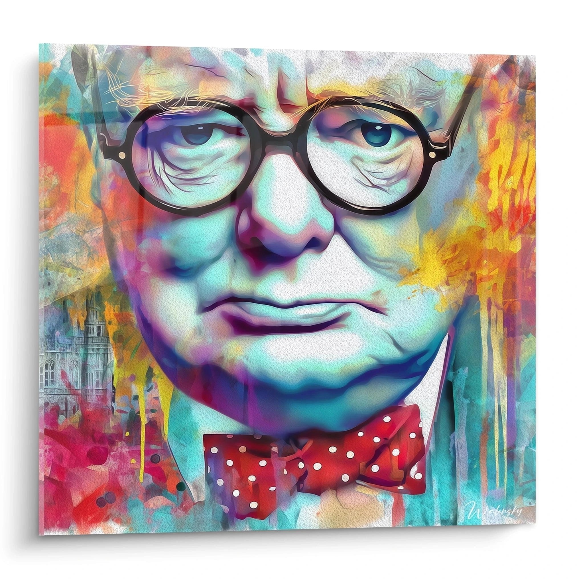 Winston Churchill Pop-Art Portrait mit bunten Aquarellfarben und charakteristischer Brille, moderne Wanddekoration