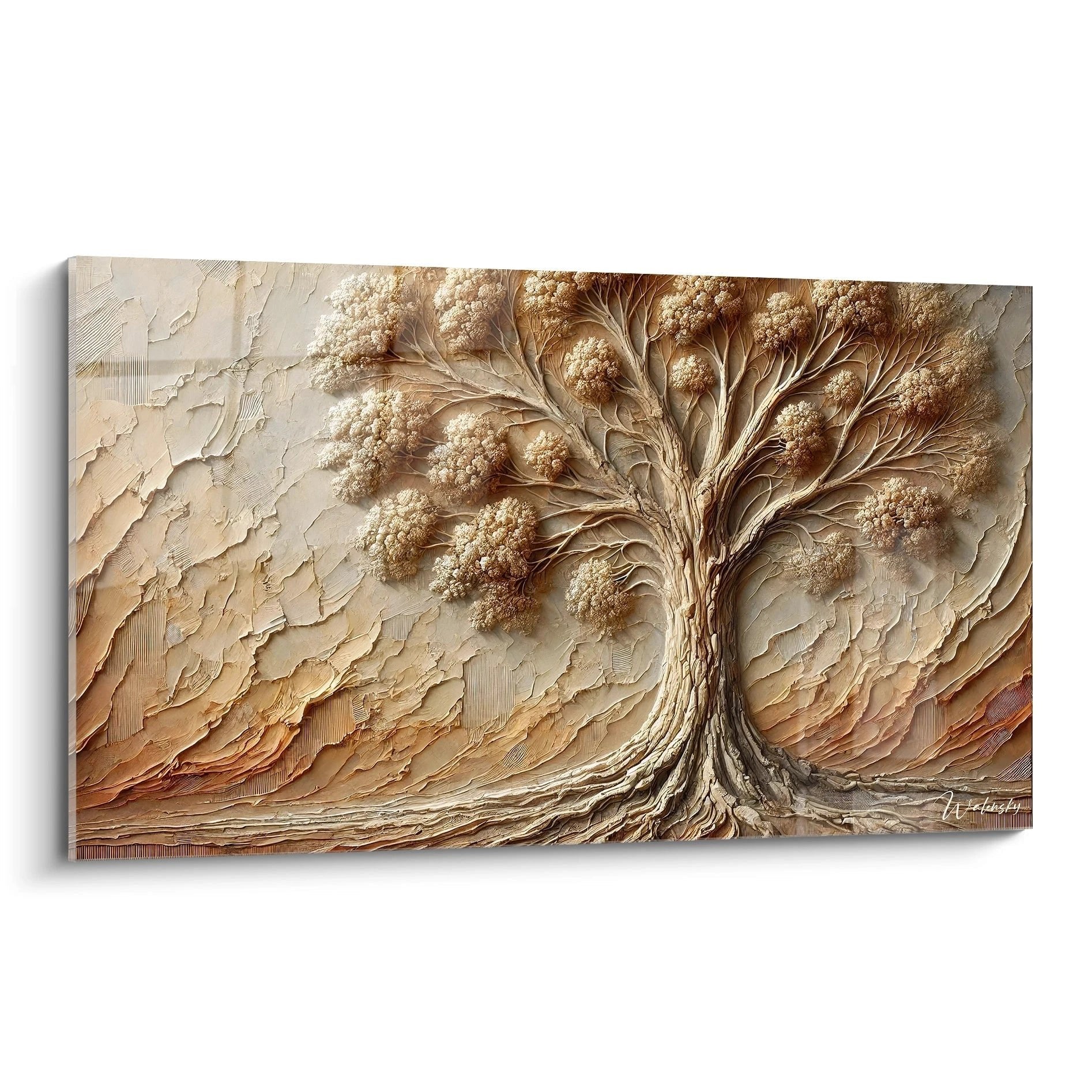 Wandbild Lebensbaum in goldener Relief-Optik mit strukturiertem Hintergrund und detailreichen Ästen