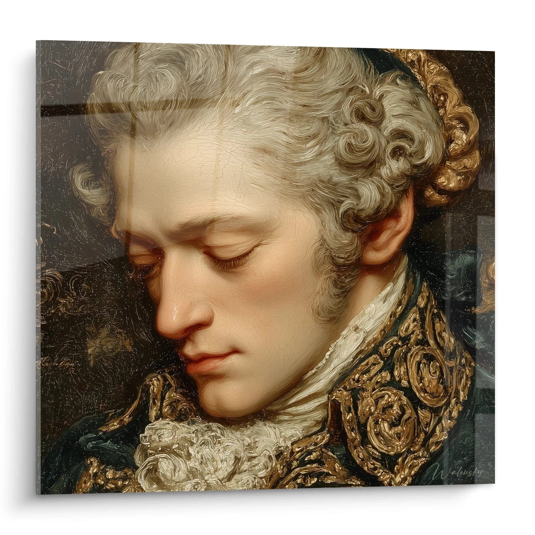 Barockes Adelsporträt mit goldenen Ornamenten und gepuderten Locken im Stil des 18. Jahrhunderts