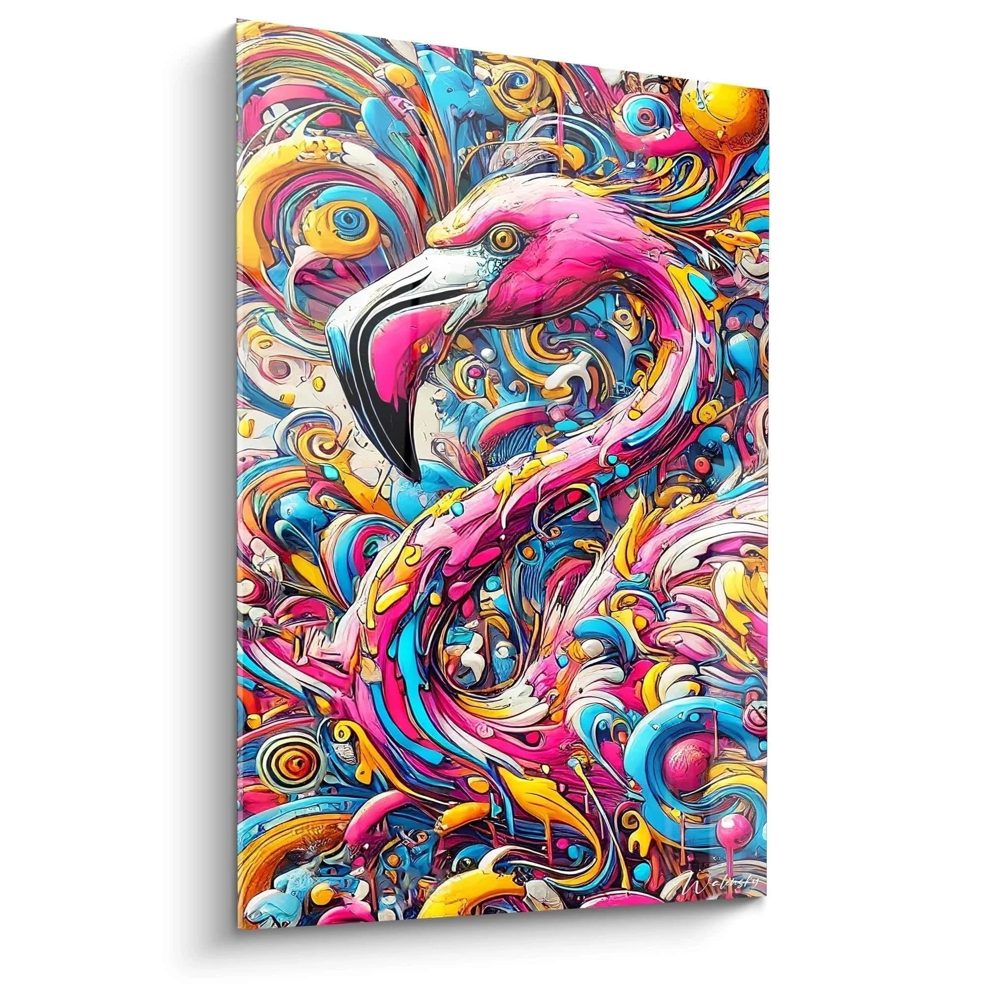 Abstraktes Flamingo Wandbild mit psychedelischen Wirbeln in Pink, Türkis und Orange Pop Art Stil