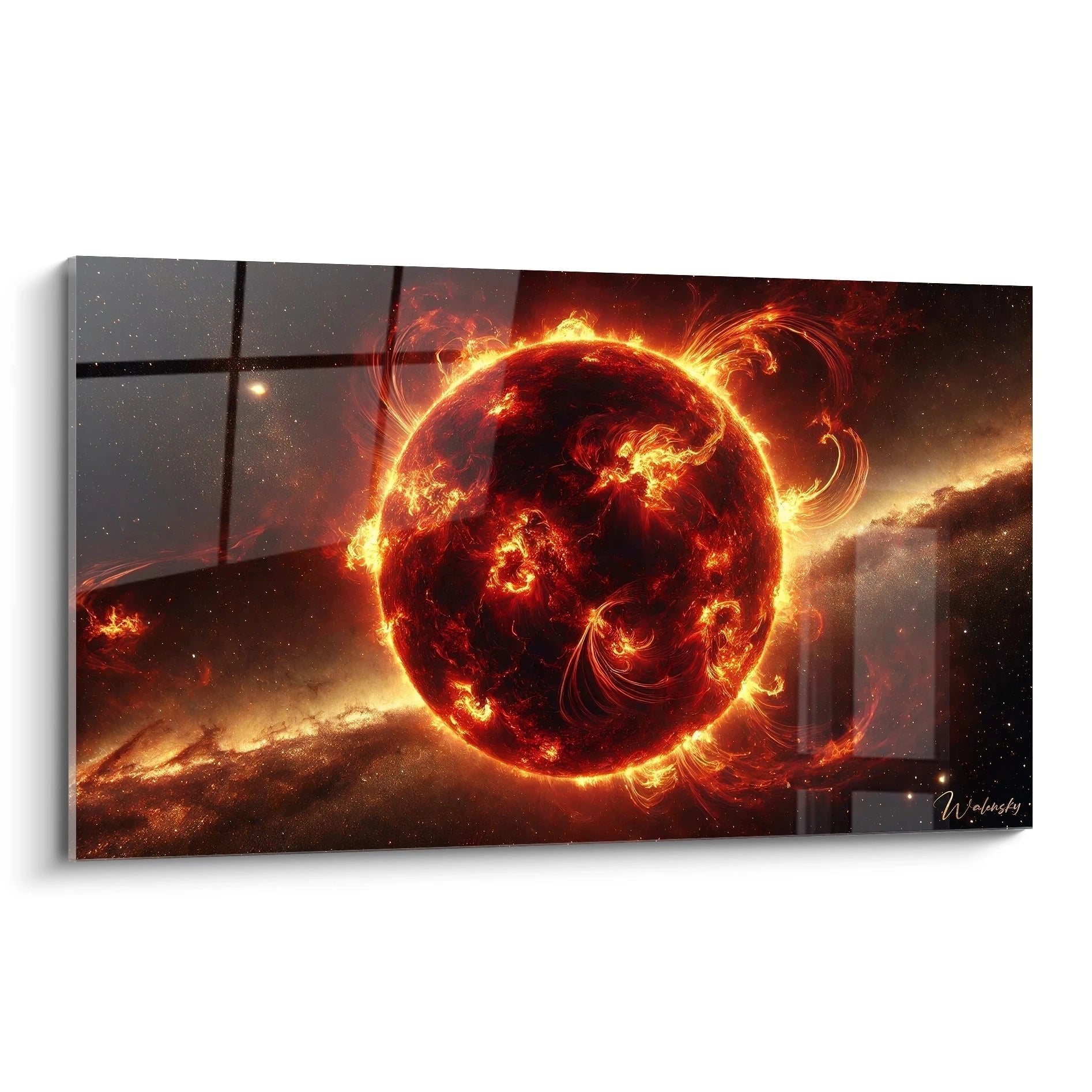 Wandbild kosmische Sonnenexplosion mit spiralförmigen Feuerstrahlen im sternenreichen Weltraum in Rot und Gold