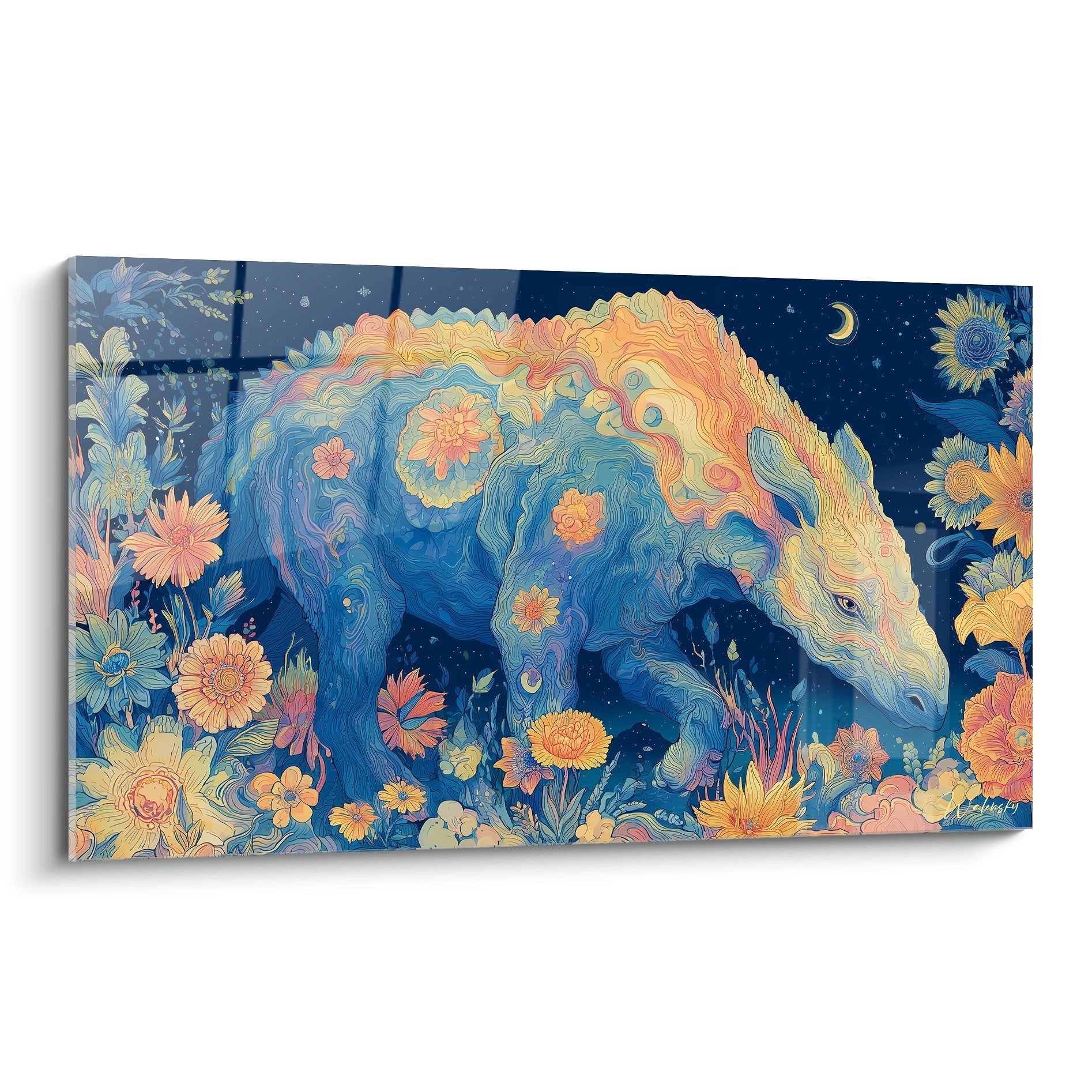 Wandbild Indricotherium im Van Gogh Stil umgeben von bunten Blüten vor sternenklarem Nachthimmel