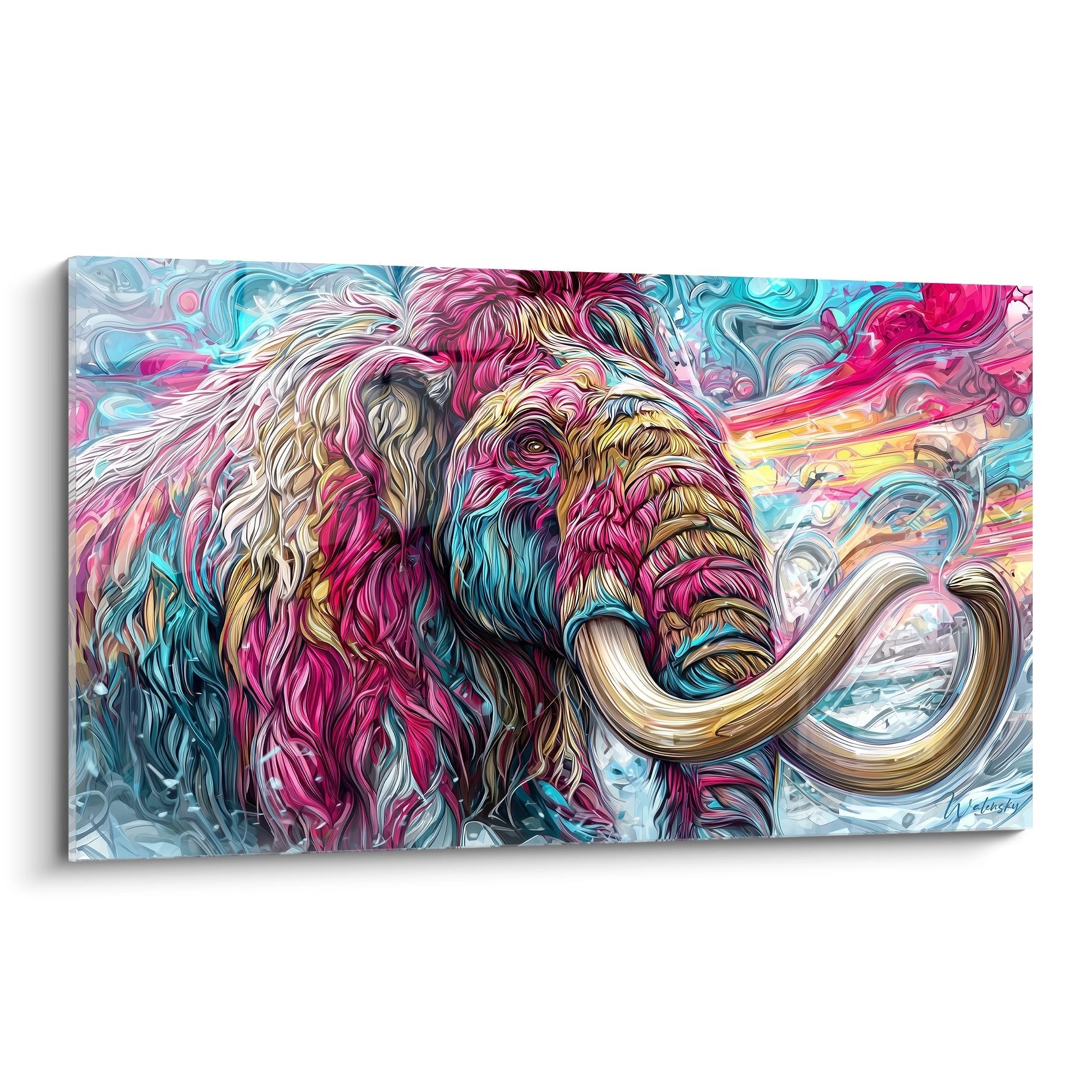 Kunstvolles Wollmammut Wandbild mit wirbelnden Farben in Pink Türkis und Gold auf Leinwand