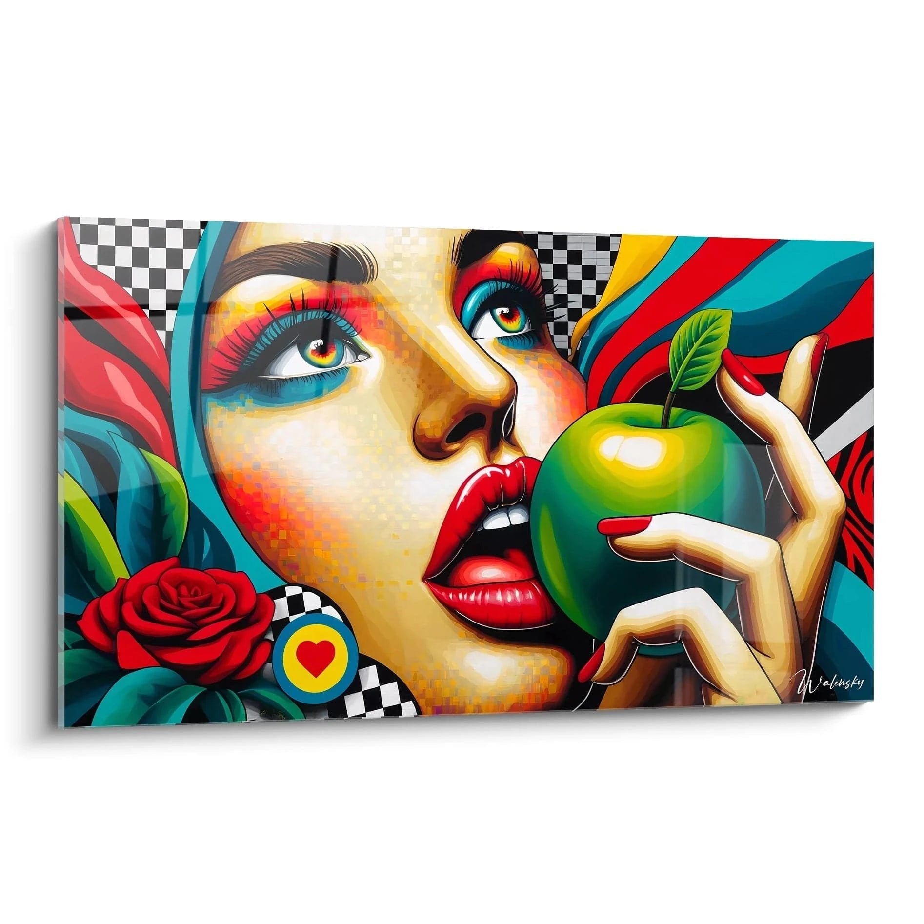 Pop-Art Wandbild einer Frau mit grünem Apfel in leuchtenden Graffiti-Farben und Schachbrettmuster