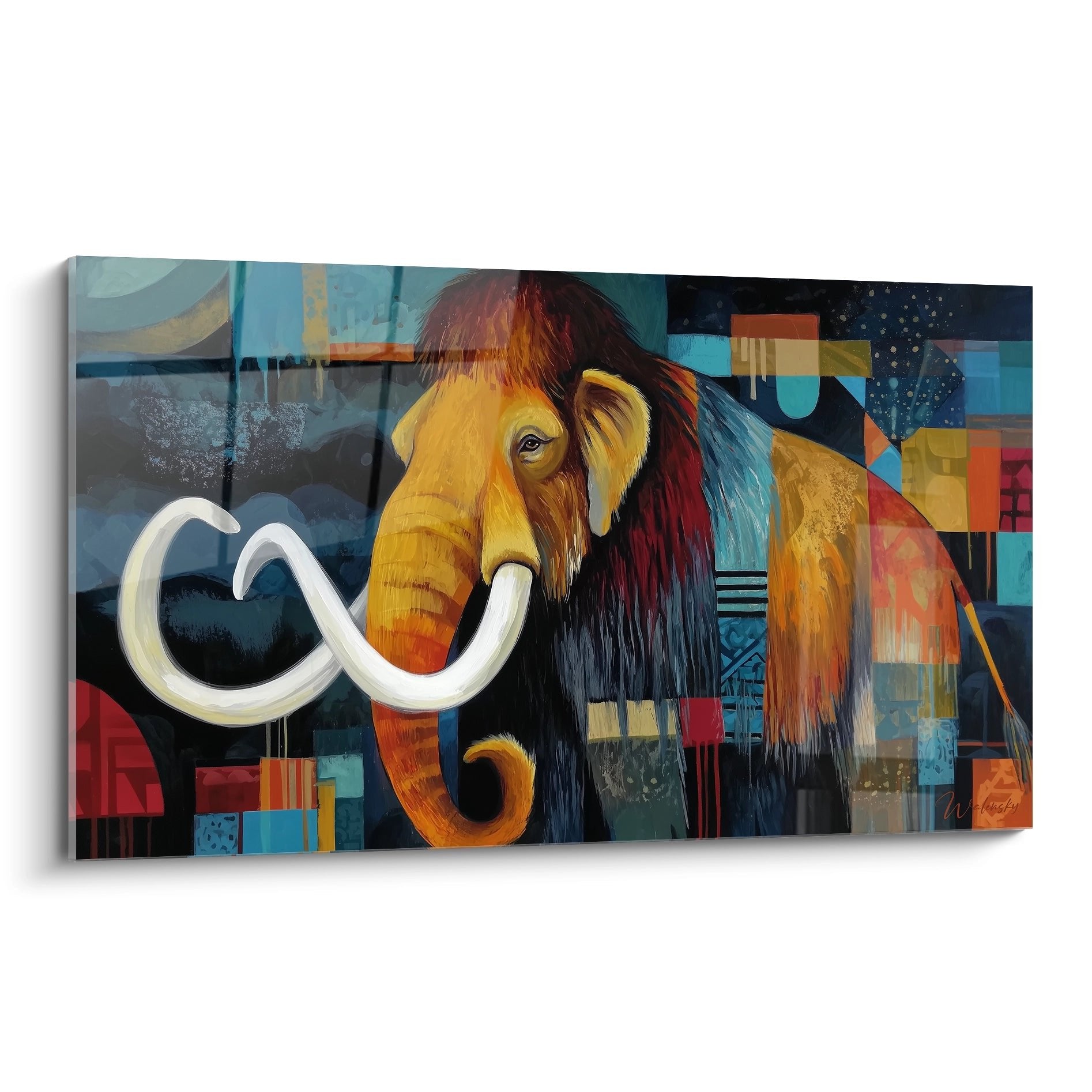 Abstraktes Wandbild eines Wollmammuts in warmen Farbtönen mit geometrischen Hintergrundelementen