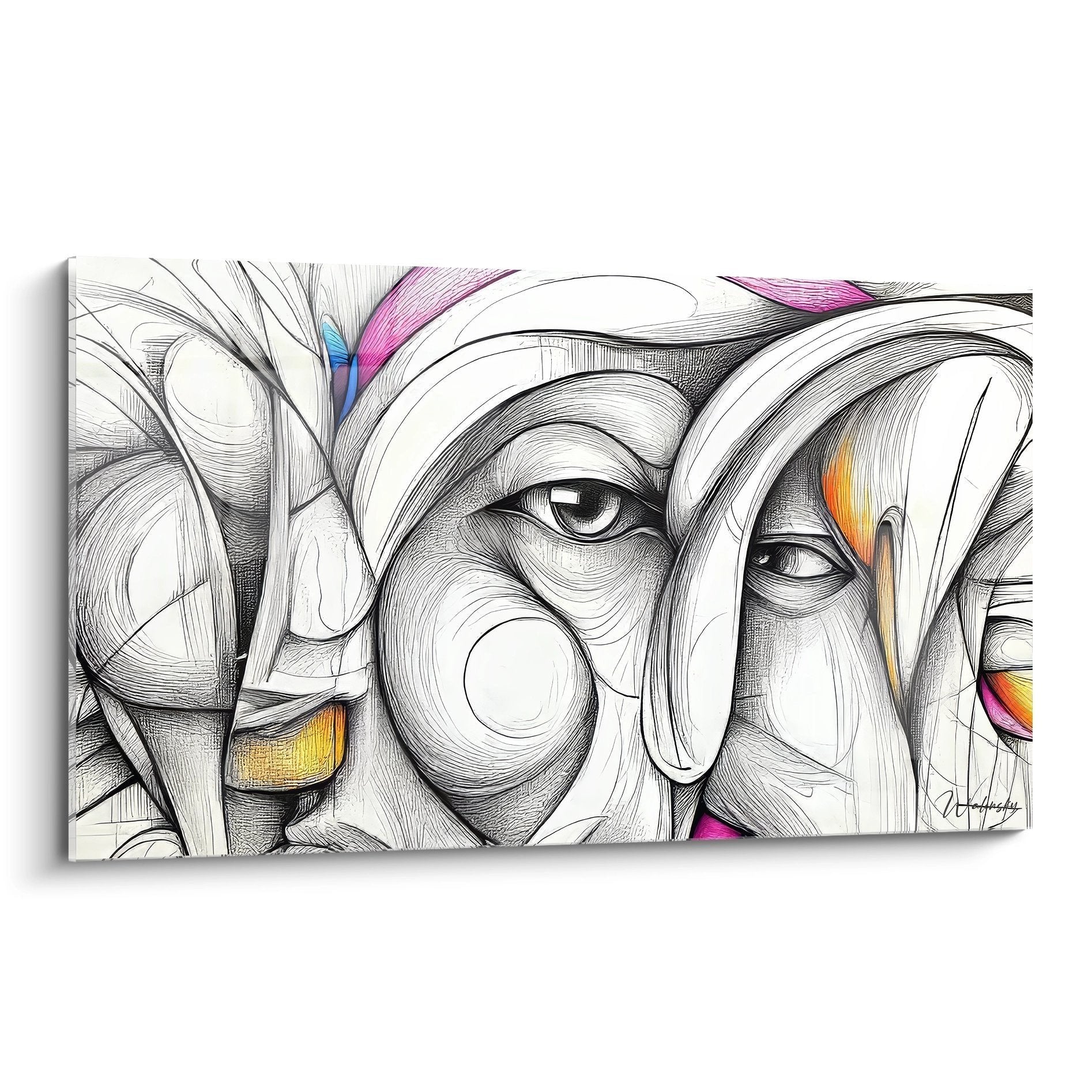 Wandbild mit abstraktem Elefantenpaar in schwarz-weiß Zeichnung mit farbigen Akzenten pink blau orange