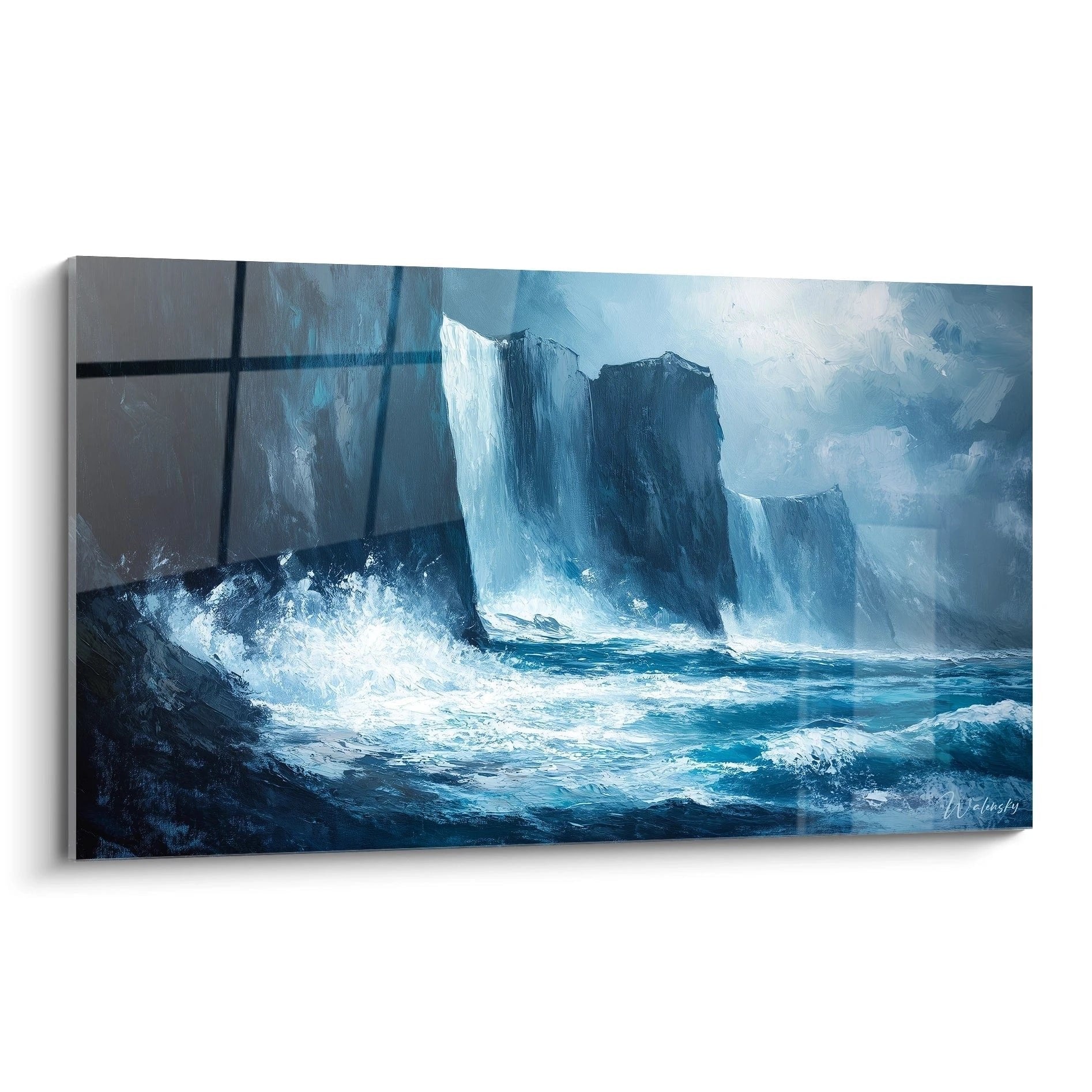 Wandbild stürmische See mit Eisbergen in blauen Tönen, dramatische Polargewässer mit schäumenden Wellen