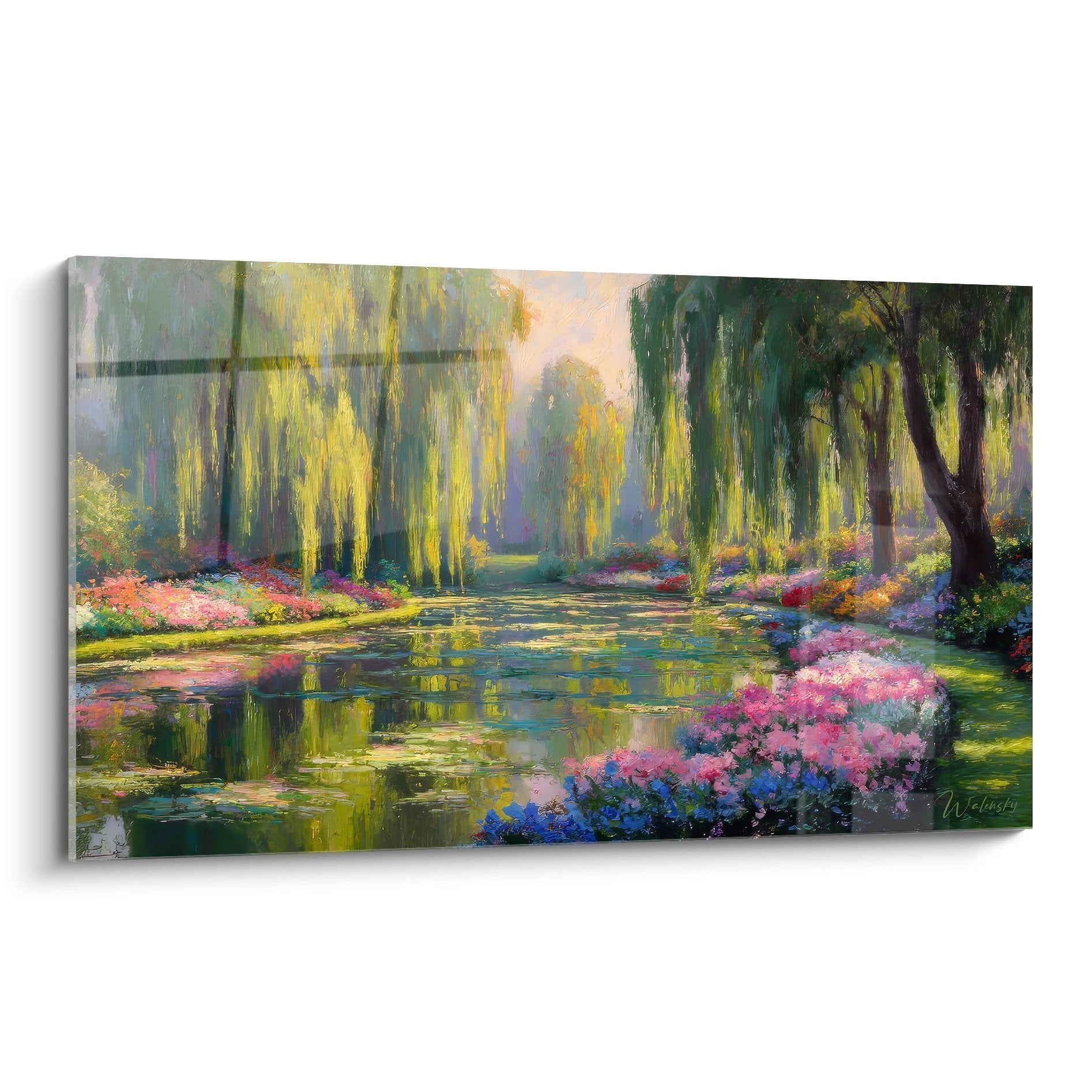Impressionistisches Wandbild eines Weidengartens mit Teich und bunten Blumenbeeten in warmen Farbtönen