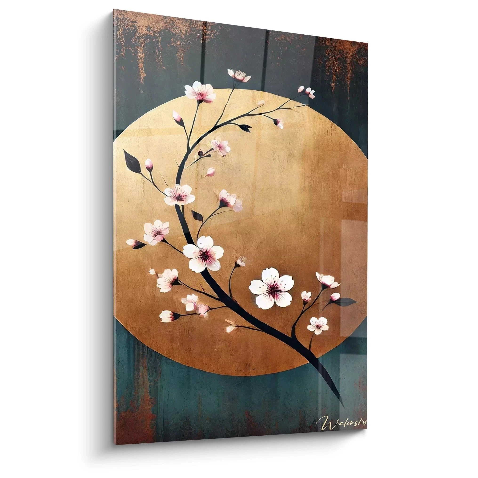 Wandbild mit Kirschblütenzweig vor goldenem Vollmond auf patiniertem Hintergrund für Meditation und Zen-Dekoration
