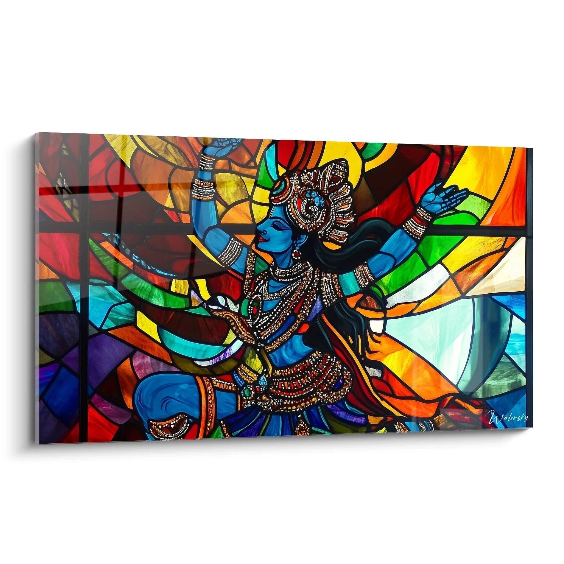 Wandbild tanzende Krishna Gottheit im bunten Glasmalerei-Stil mit blauer Haut und goldenem Schmuck