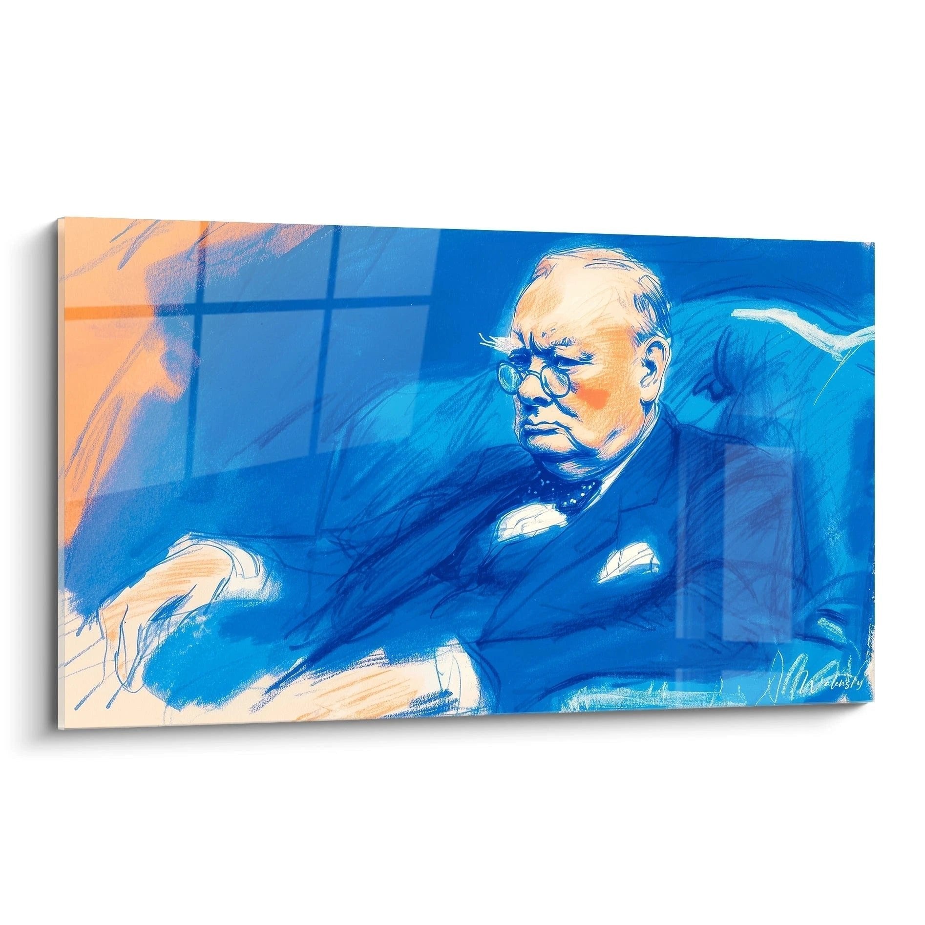 Churchill Portrait Wandbild in blauen Tönen zeigt den britischen Premierminister nachdenklich im Sessel sitzend