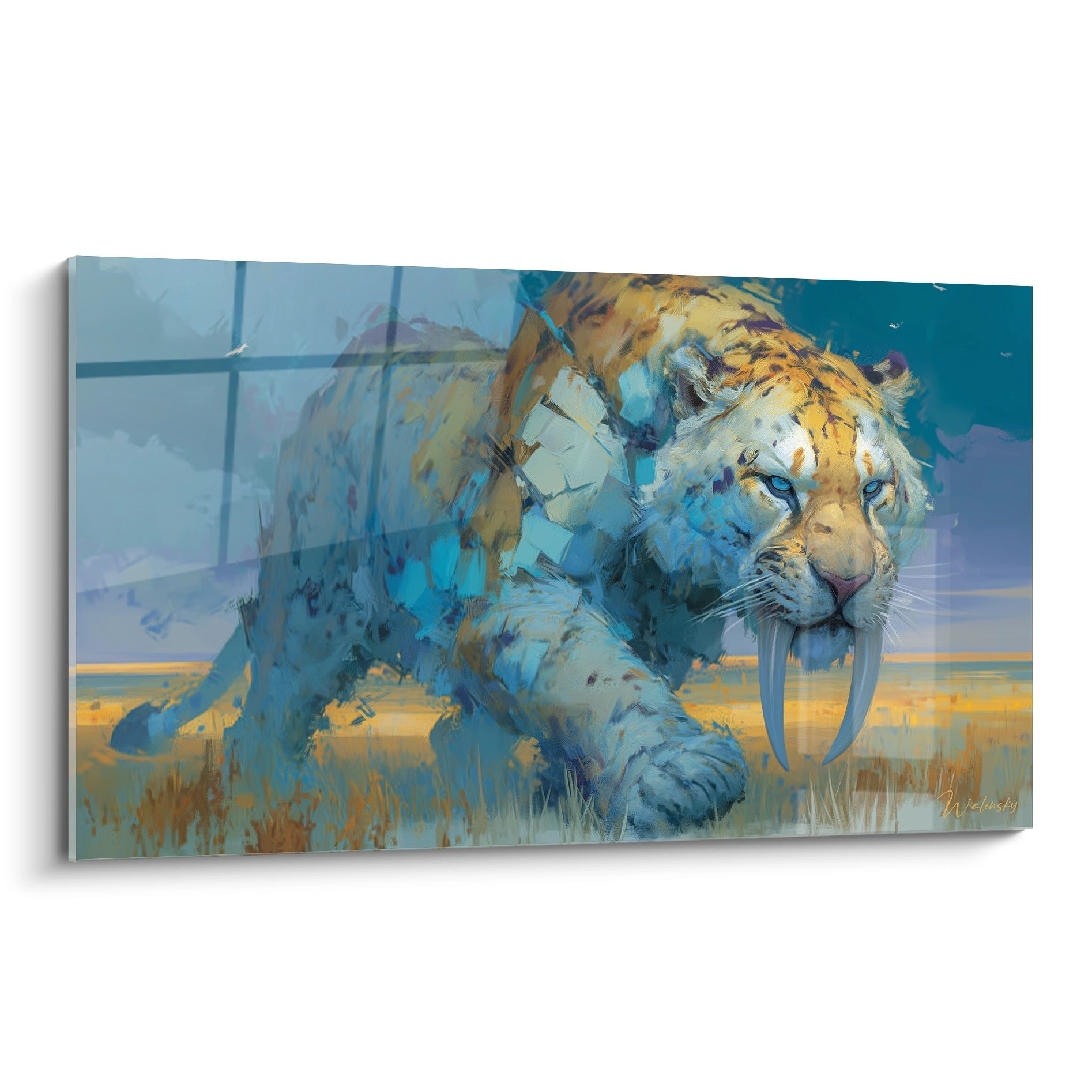 Säbelzahntiger Wandbild in Blau- und Brauntönen, majestätisches Urzeitraubtier mit charakteristischen Säbelzähnen
