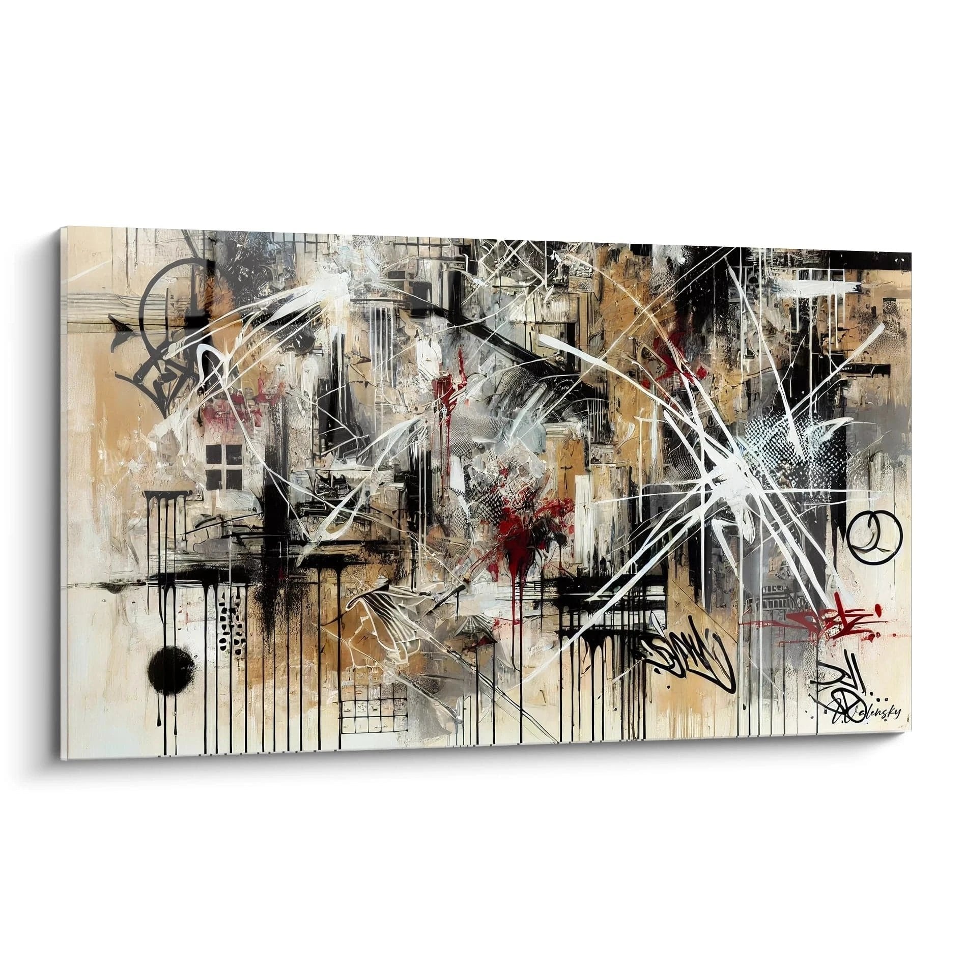 Abstraktes Graffiti Wandbild mit urbanen Architektur-Elementen, weißen Blitz-Linien und warmen Erdtönen