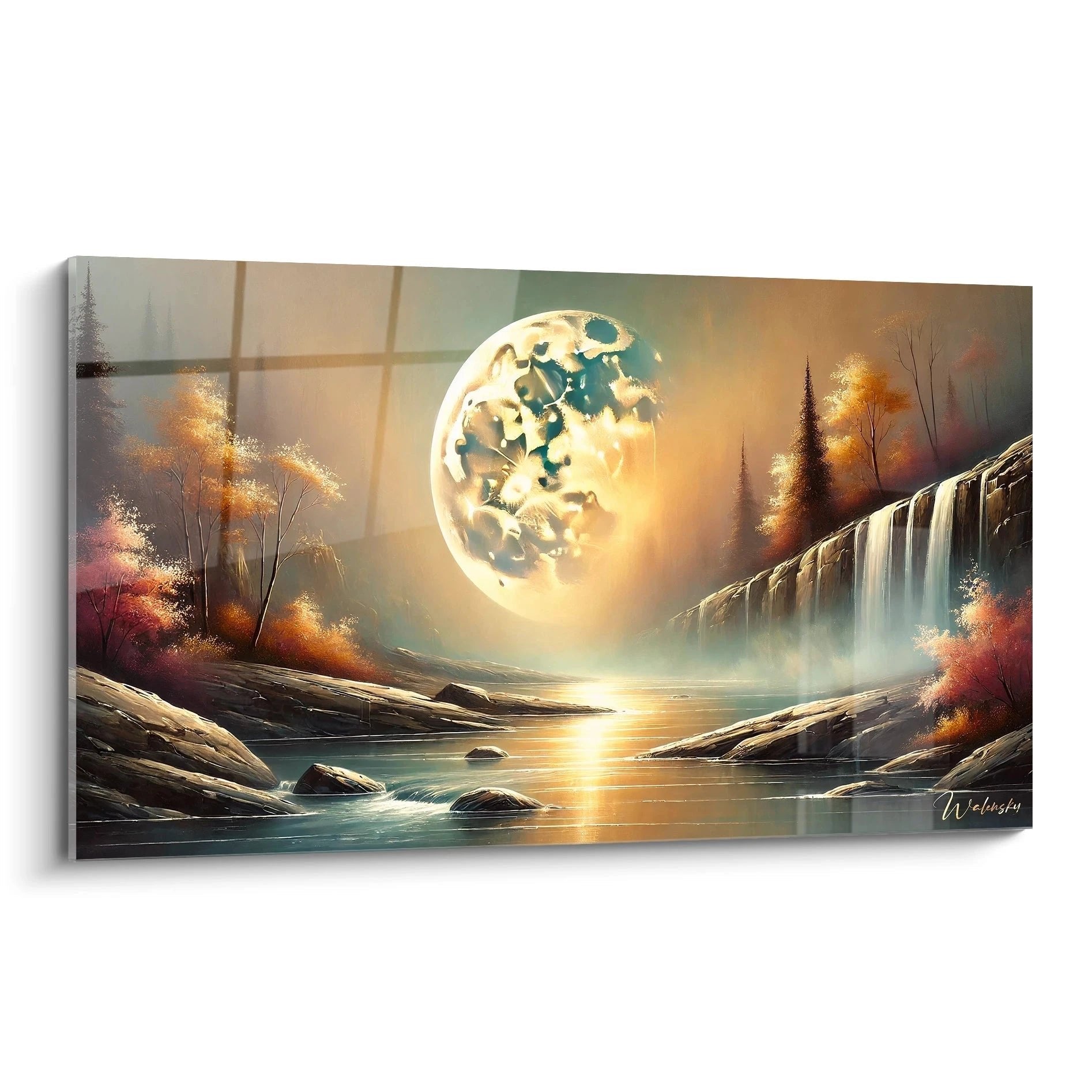 Wandbild mit großem Vollmond über Wasserfall und Herbstbäumen in warmen goldenen Farbtönen