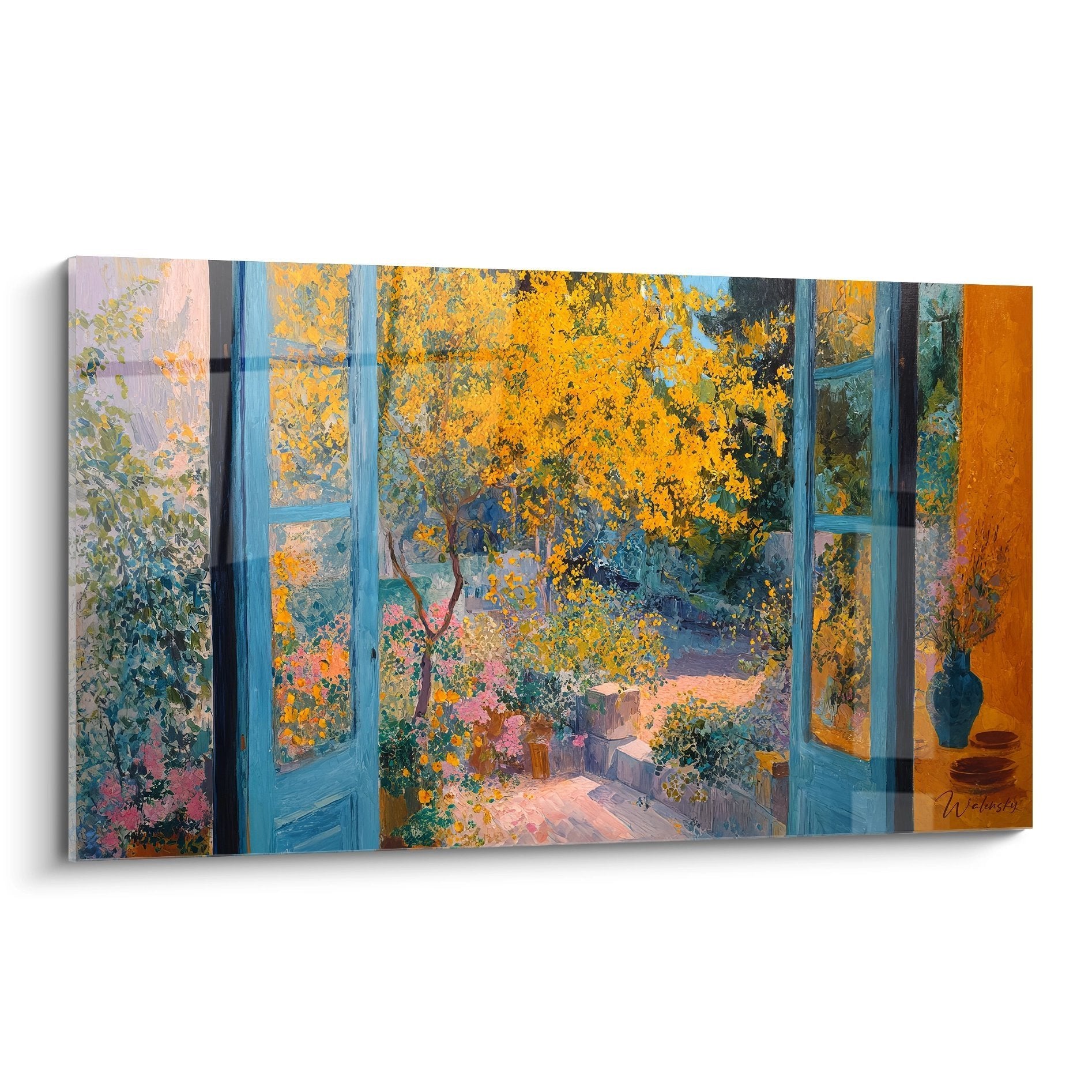Wandbild Herbstgarten durch blaue Fenster mit goldenem Baum und warmen Herbstfarben für Wohnraumdekoration