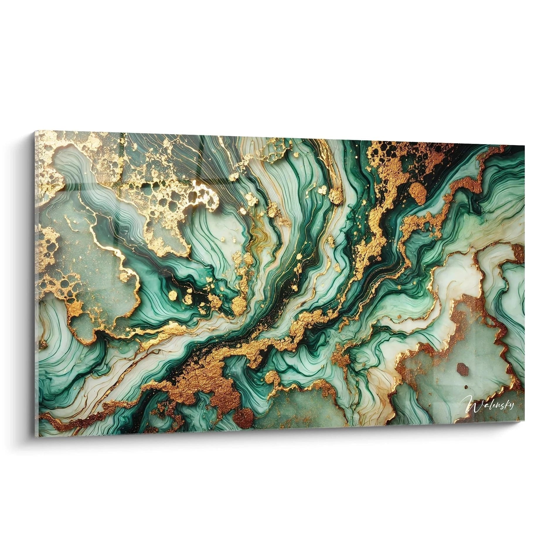 Abstraktes Wandbild in Malachit-Optik mit smaragdgrünen Farbverläufen und goldenen Akzenten in Epoxidharz-Optik